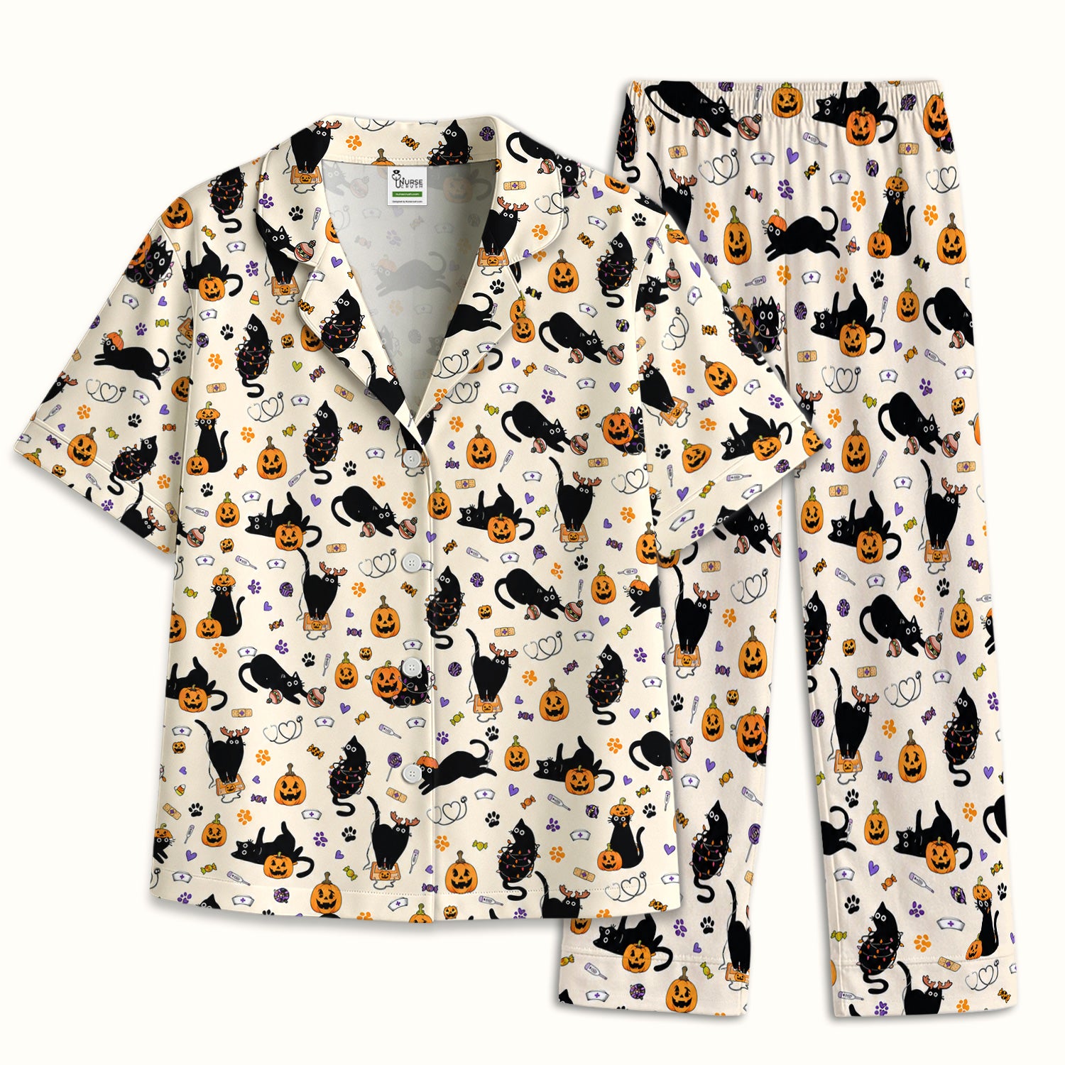 Pumpkin Black Cat Pattern Pajama Set, Soft Breathable Fabric Comfortable Sleepwear