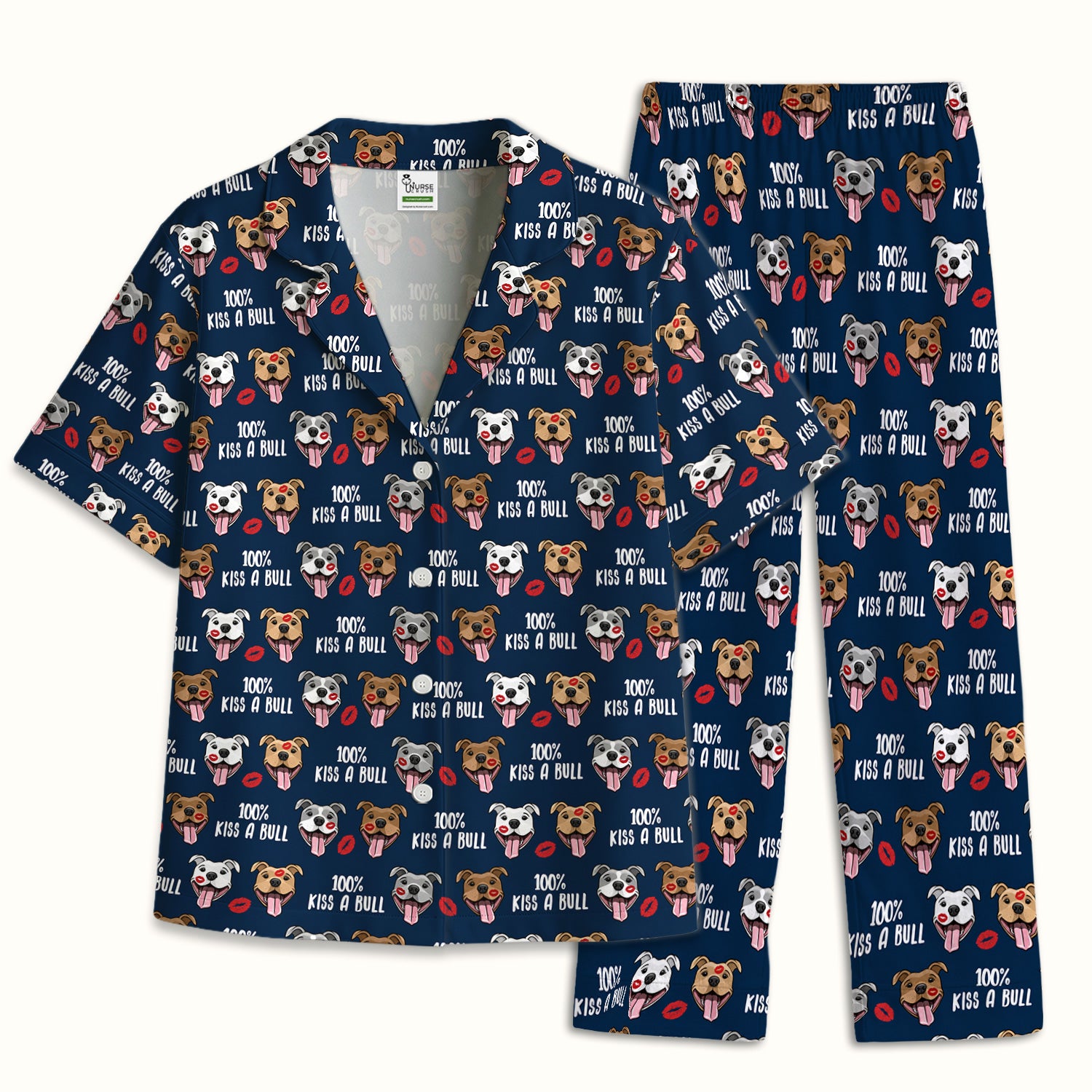 Kiss A Bull Pitbull Print Pajama Set, Soft Breathable Fabric Comfortable Sleepwear