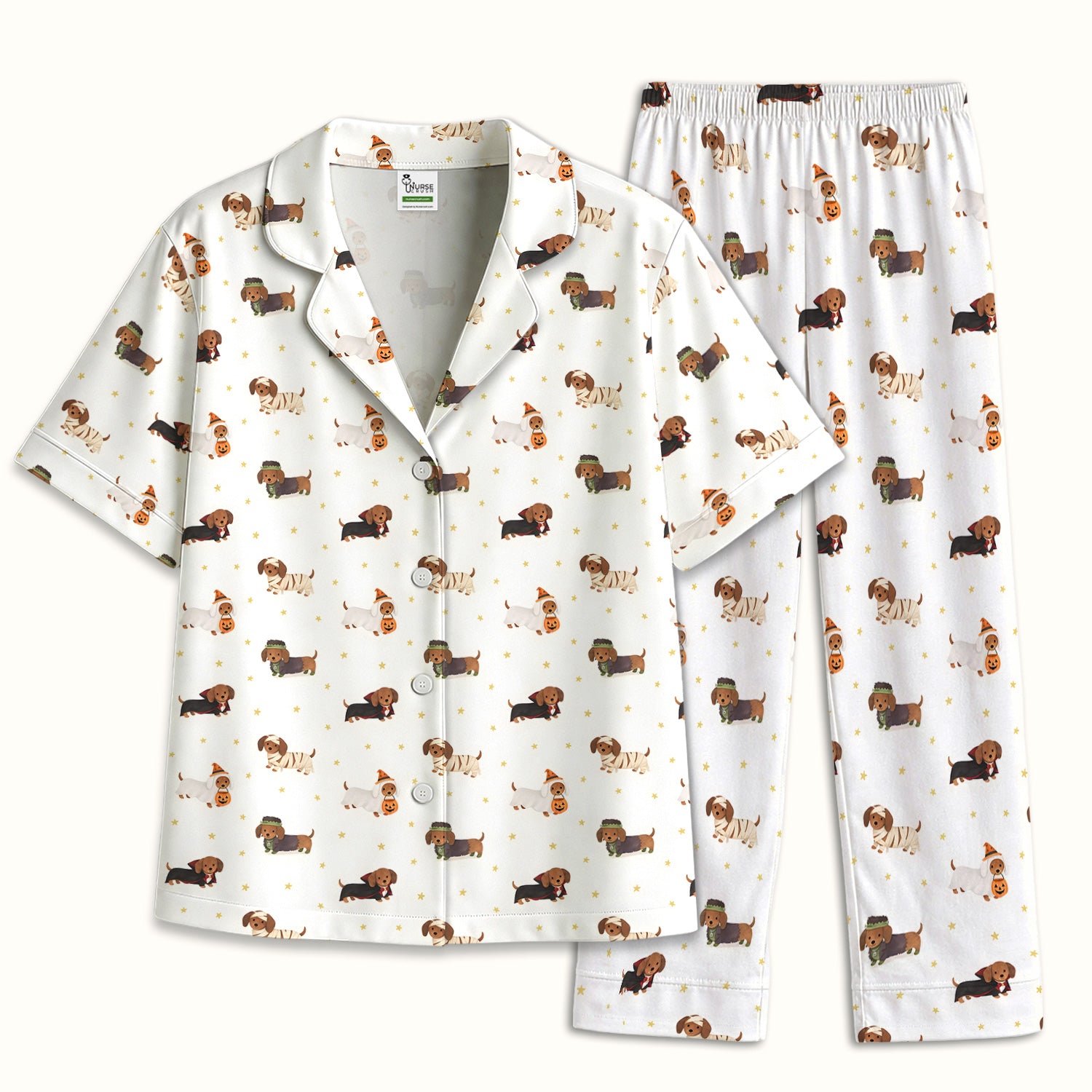 Halloween Dachshund Costumes Print Pajama Set, Soft Breathable Fabric Comfortable Sleepwear