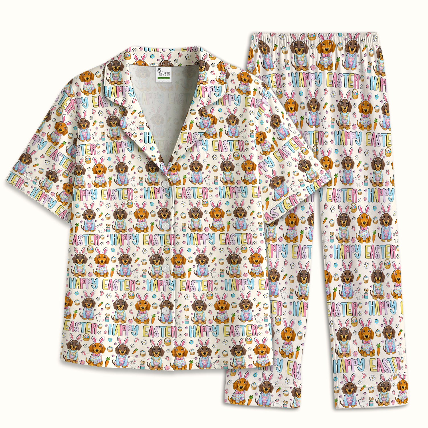 Happy Easter Dachshund Bunny Print Pajama Set, Breathable Fabrics Uniform
