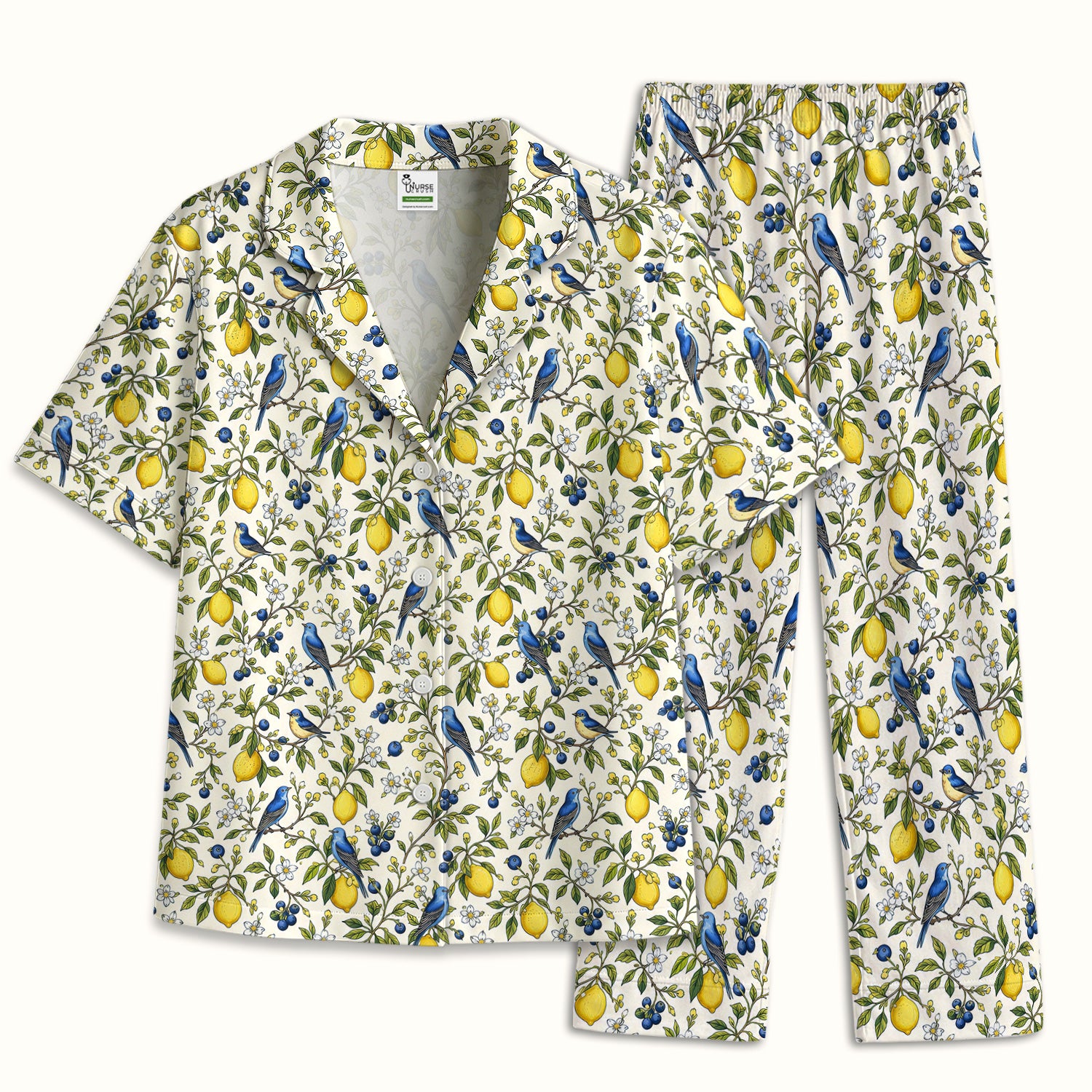 Bluebird Lemon Blossom Pattern Pajama Set, Soft Breathable Fabric Comfortable Sleepwear