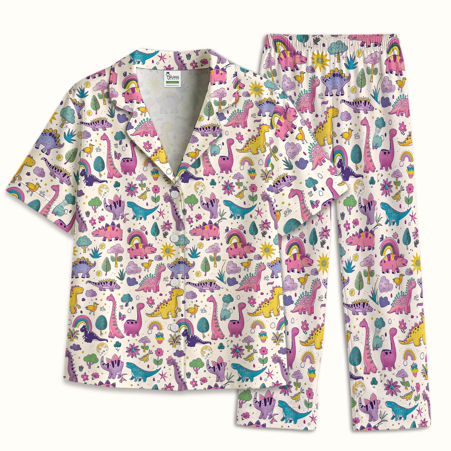 Cute Dinosaur Rainbow Pattern Pajama Set, Soft Breathable Fabric Comfortable Sleepwear