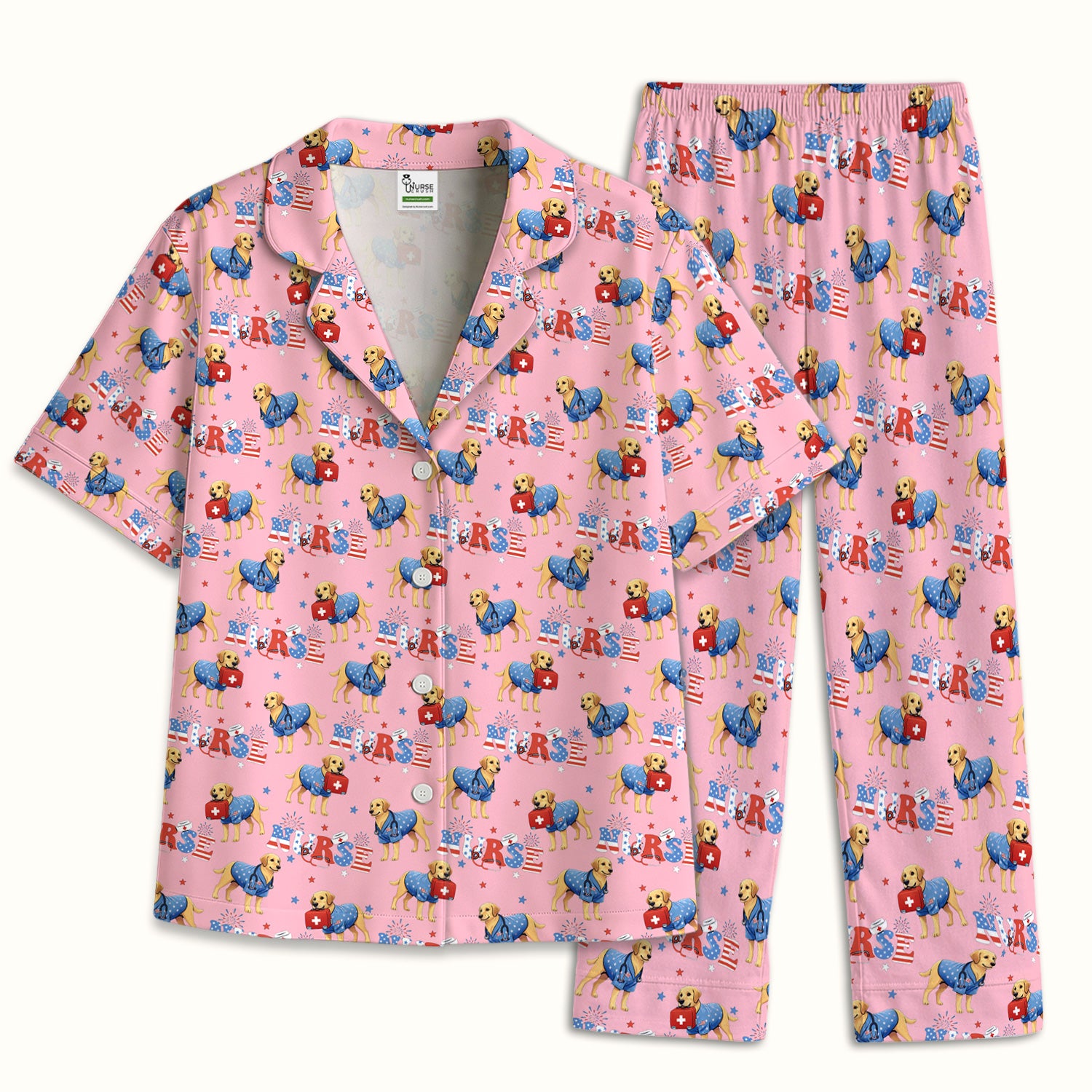 Patriotic Nurse Dog Medical Pattern Pajama Set, Breathable Fabrics Uniform