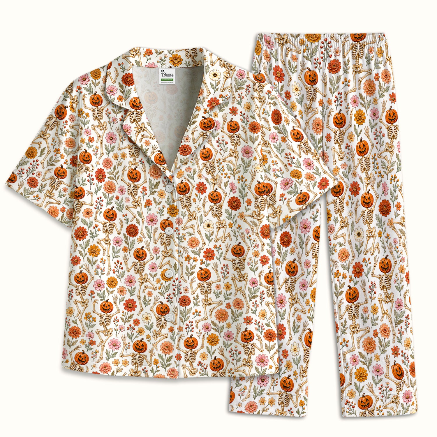 Halloween Pumpkin Skeleton Floral Pajama Set, Soft Breathable Fabric Comfortable Sleepwear