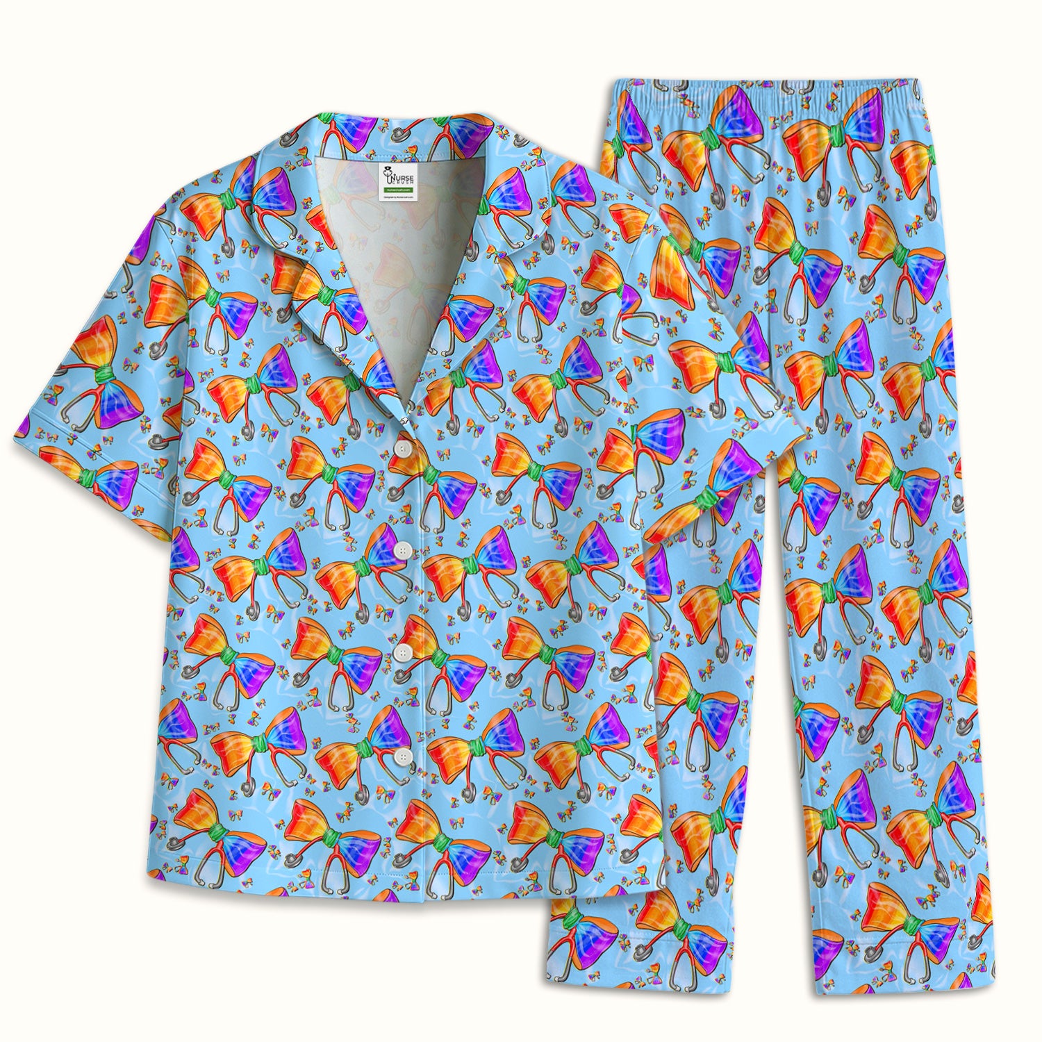 Colorful Rainbow Bow Stethoscope Pattern Pajama Set, Breathable Fabrics Uniform