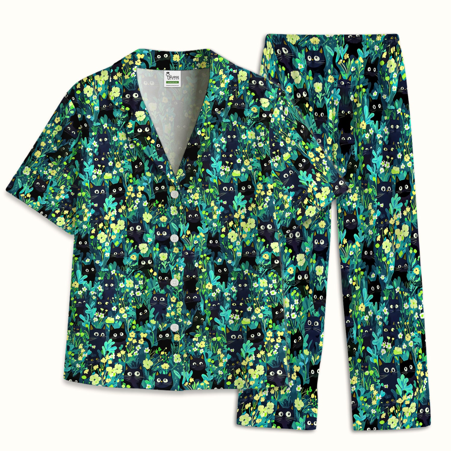 Black Cat Floral Pattern Pajama Set, Soft Breathable Fabric Comfortable Sleepwear