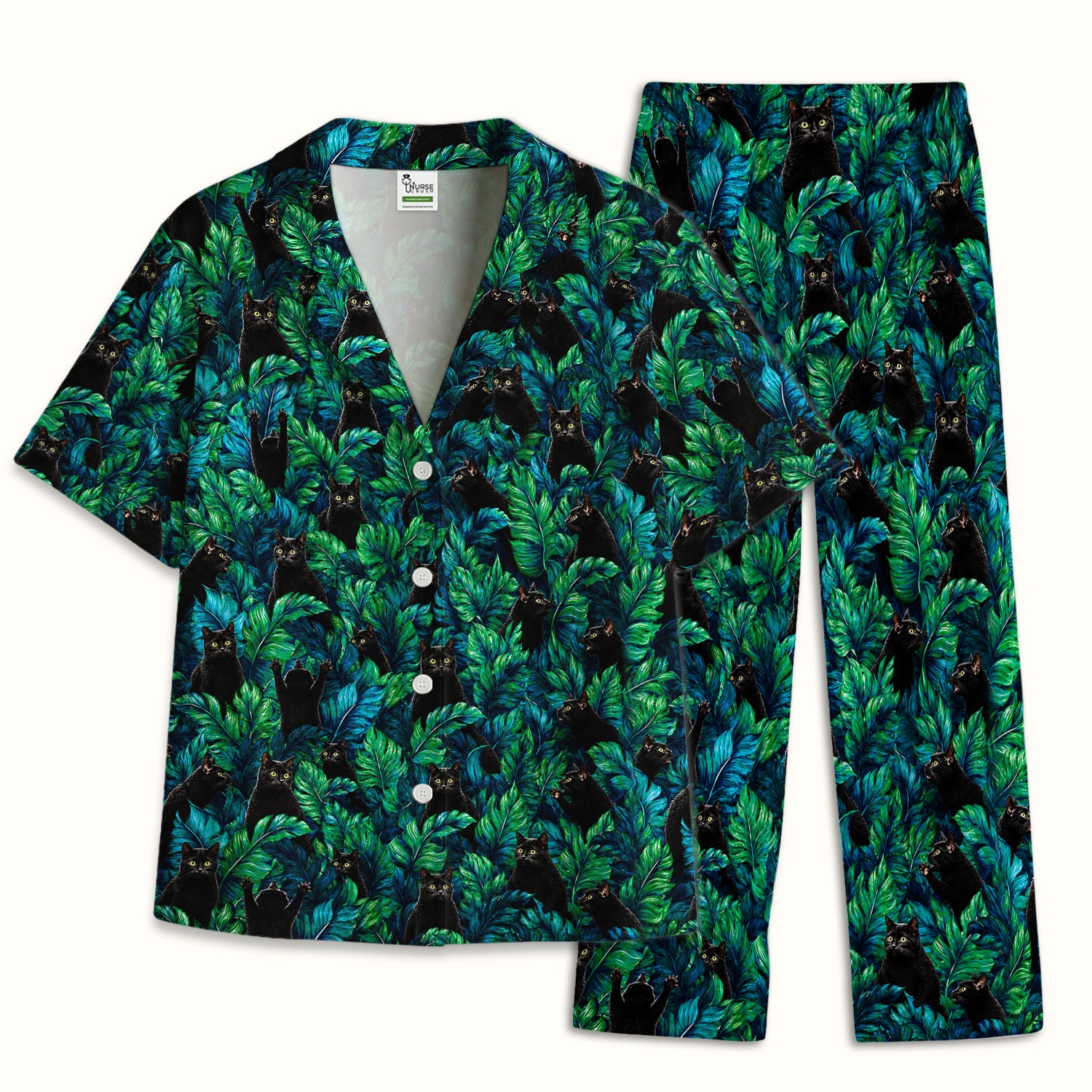 Black Cat Tropical Jungle Leaves Pattern Pajama Set, Soft Breathable Fabric Comfortable Sleepwear