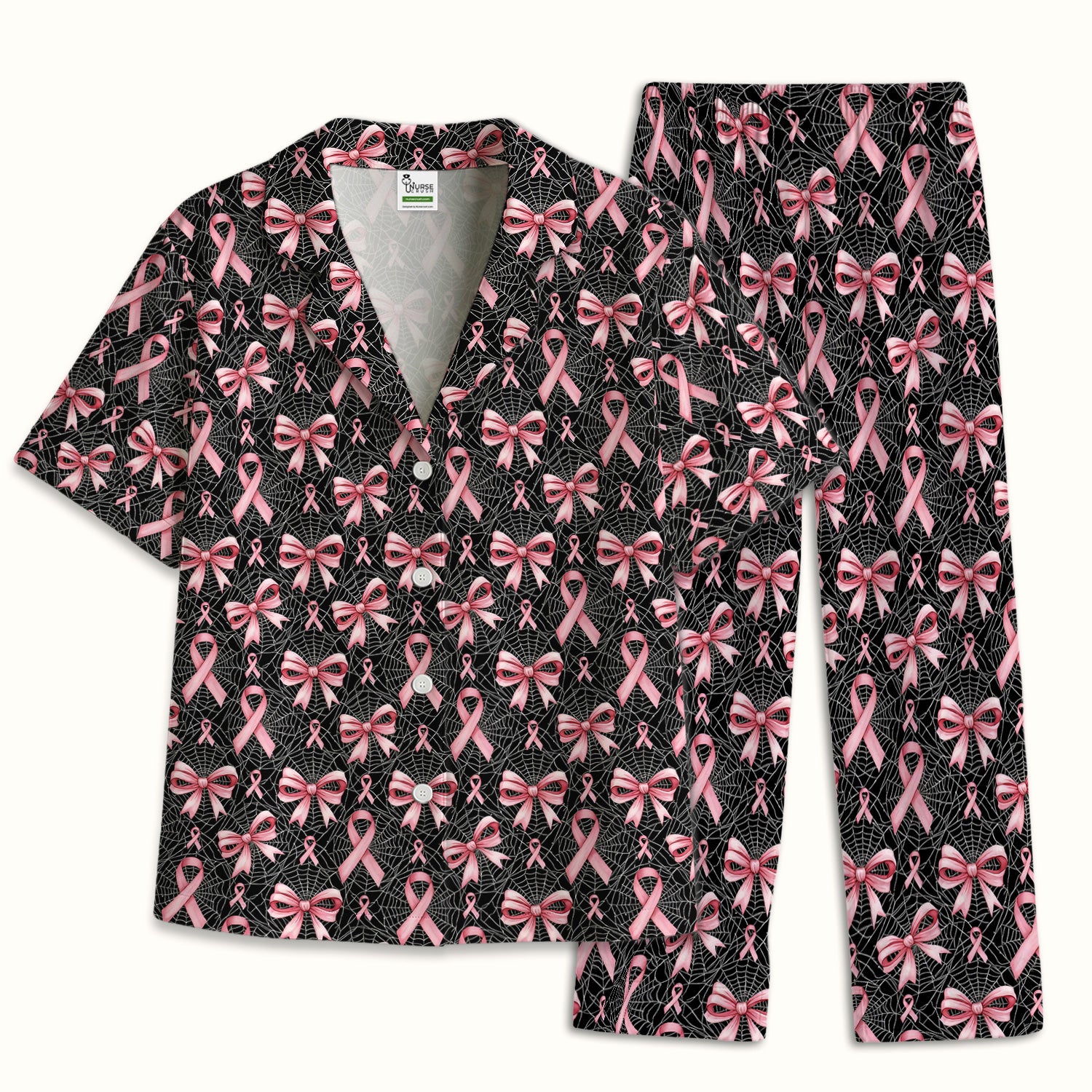 Pink Ribbon Pattern Pajama Set, Soft Breathable Fabric Comfortable Sleepwear