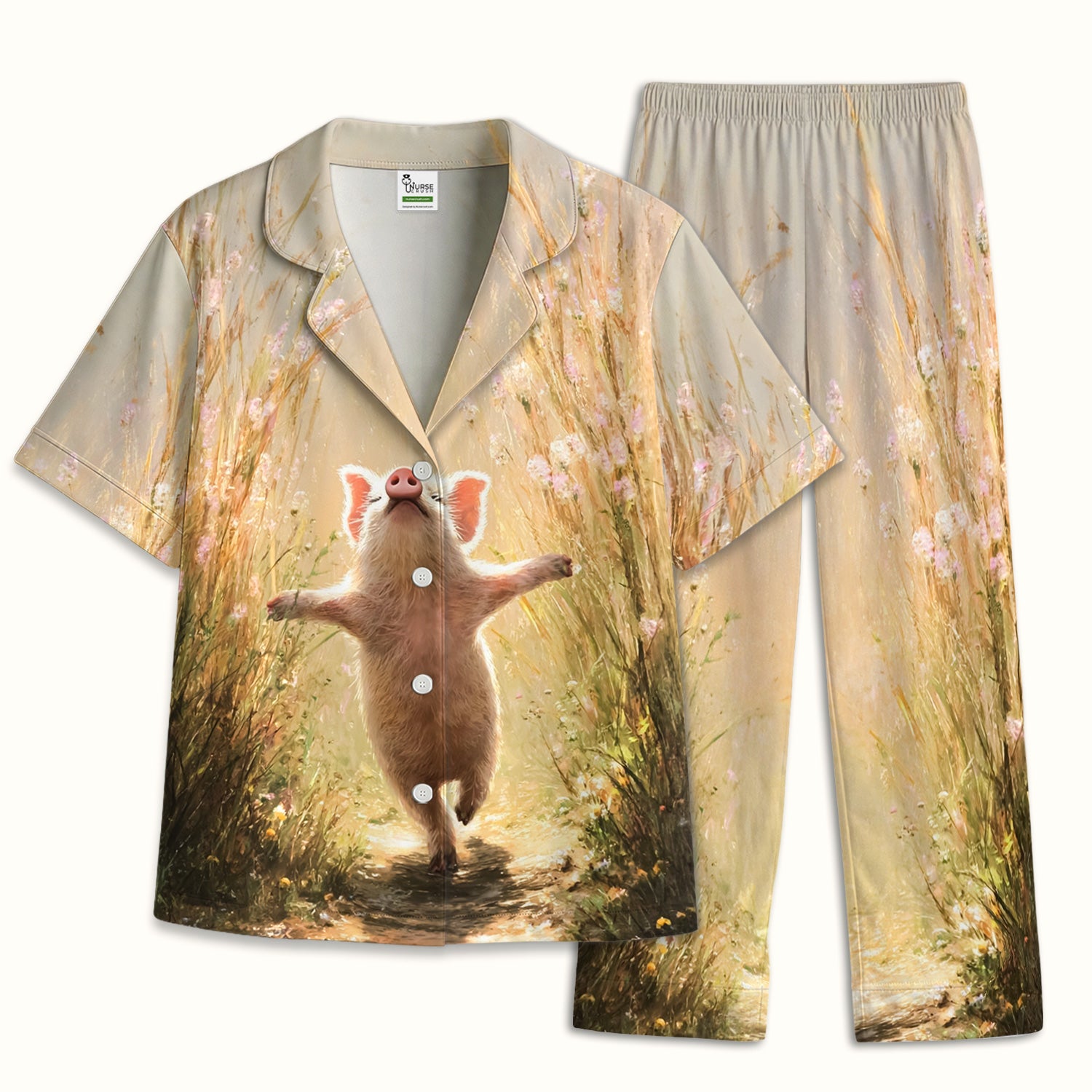Happy Pig Running Meadow Pattern Nurse Pajama Set, Soft Breathable Fabric Comfortable Sleepwear