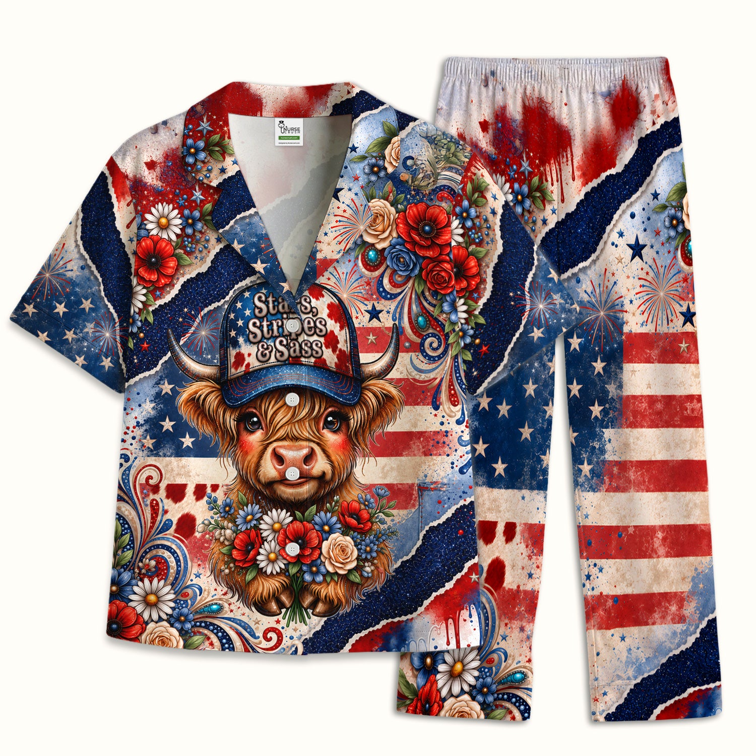 Patriotic Highland Cow Nurse Pattern, Healthcare Workers Pajama Set, Soft Breathable Fabric Comfortable Sleepwear