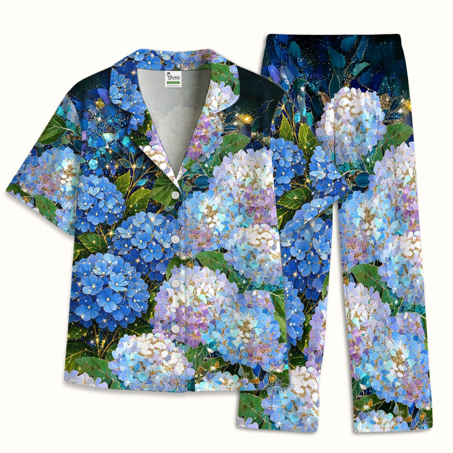 Blue Hydrangea Floral Pattern Pajama Set, Breathable Fabrics Uniform