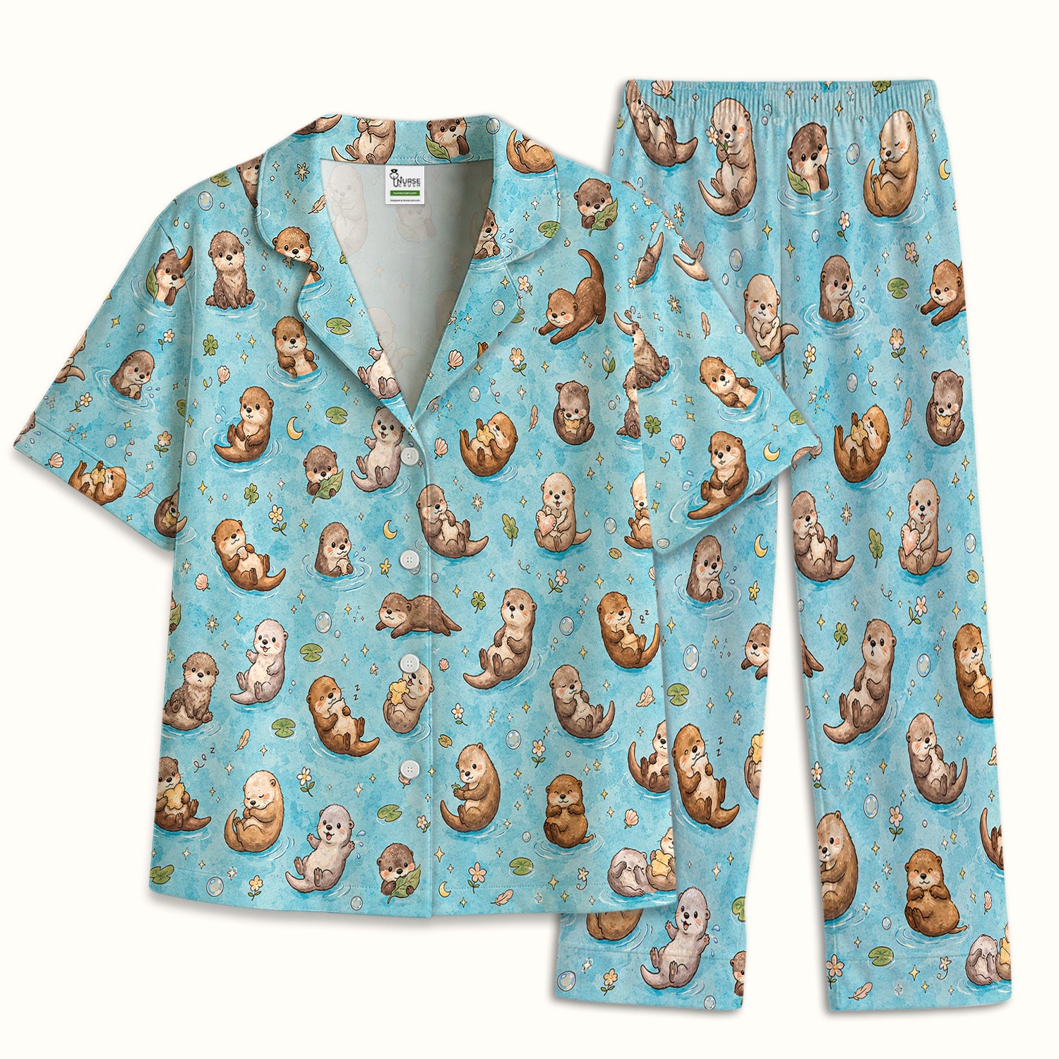 Cute Otter Pond Nurse Print Pajama Set, Soft Breathable Fabric Comfortable Sleepwear