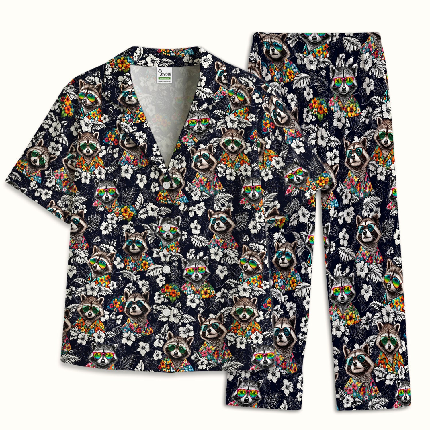 Tropical Raccoon Floral Pattern Pajama Set, Soft Breathable Fabric Comfortable Sleepwear