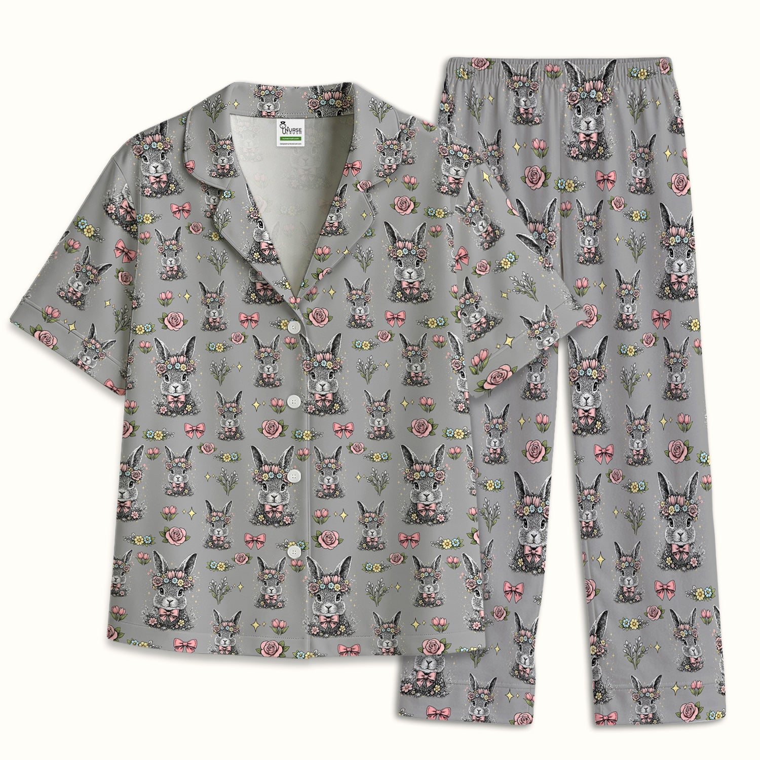 Easter Vintage Floral Bunny Print Pajama Set, Breathable Fabrics Uniform