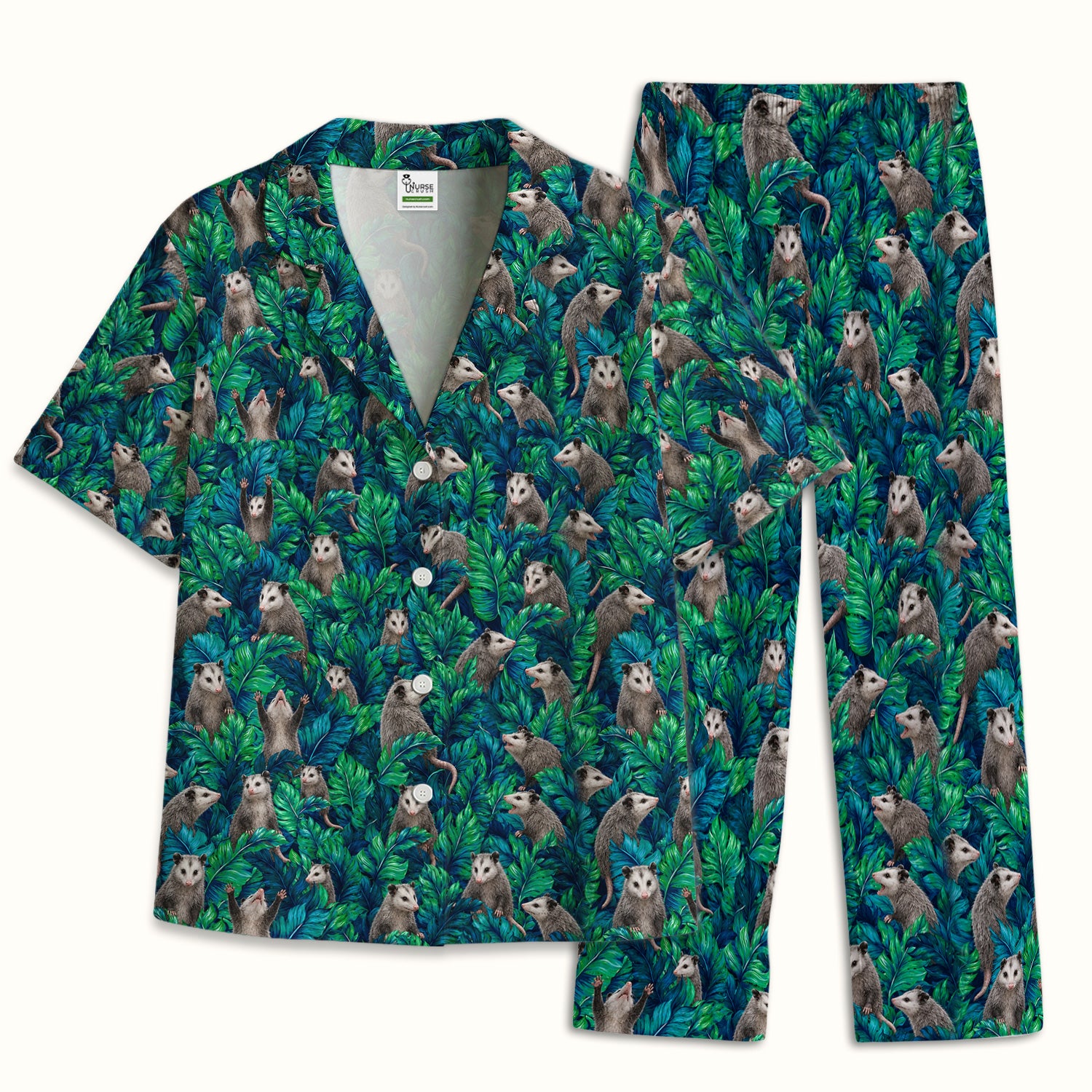 Tropical Opossum Jungle Leaves Pattern Pajama Set, Soft Breathable Fabric Comfortable Sleepwear