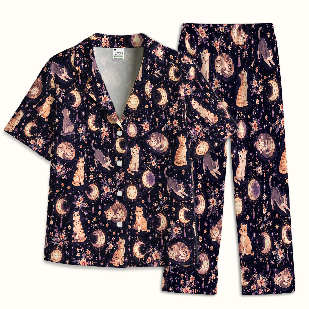 Celestial Cat Pattern Pajama Set, Soft Breathable Fabric Comfortable Sleepwear