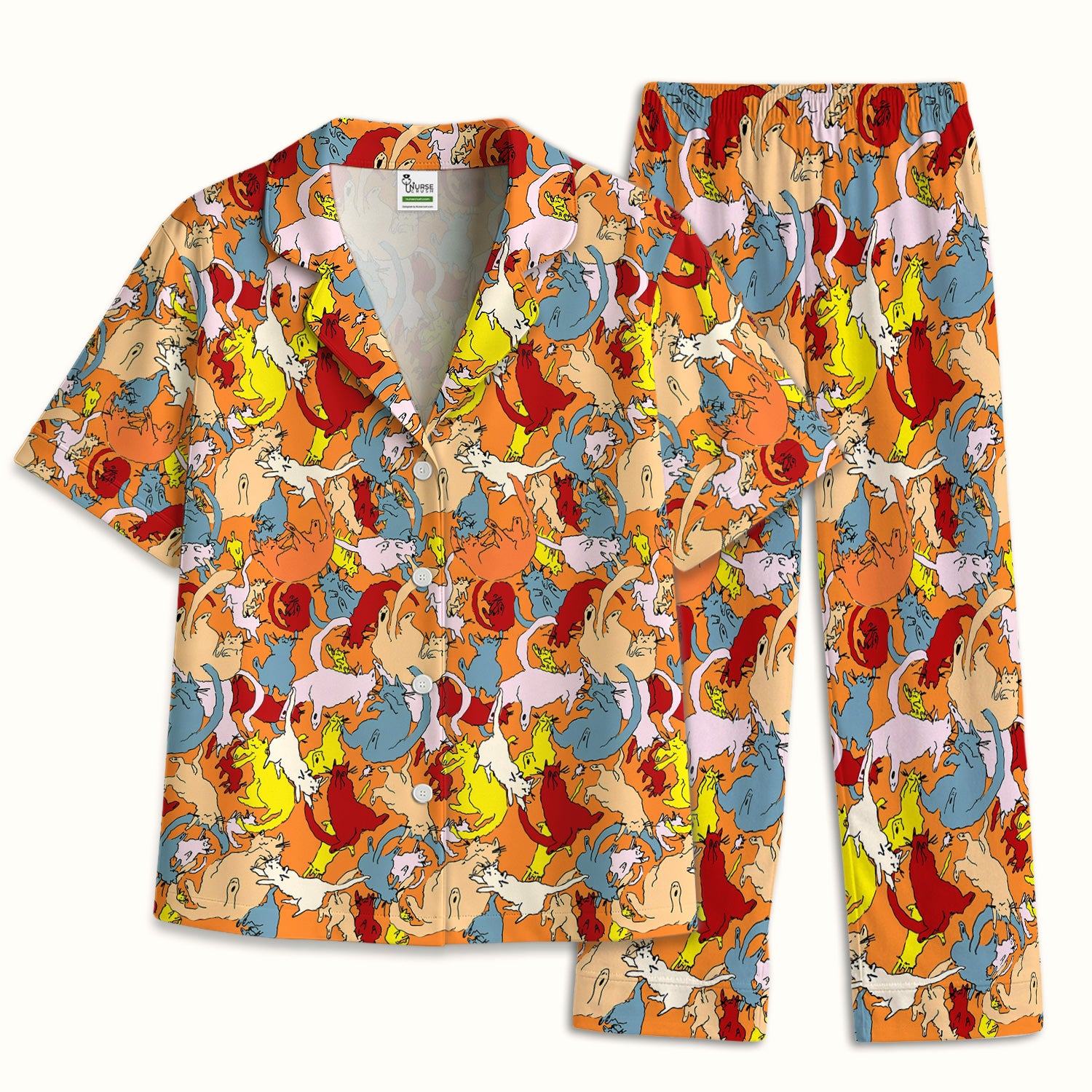 Colorful Cat Chaos Illustration Pattern Pajama Set, Soft Breathable Fabric Comfortable Sleepwear