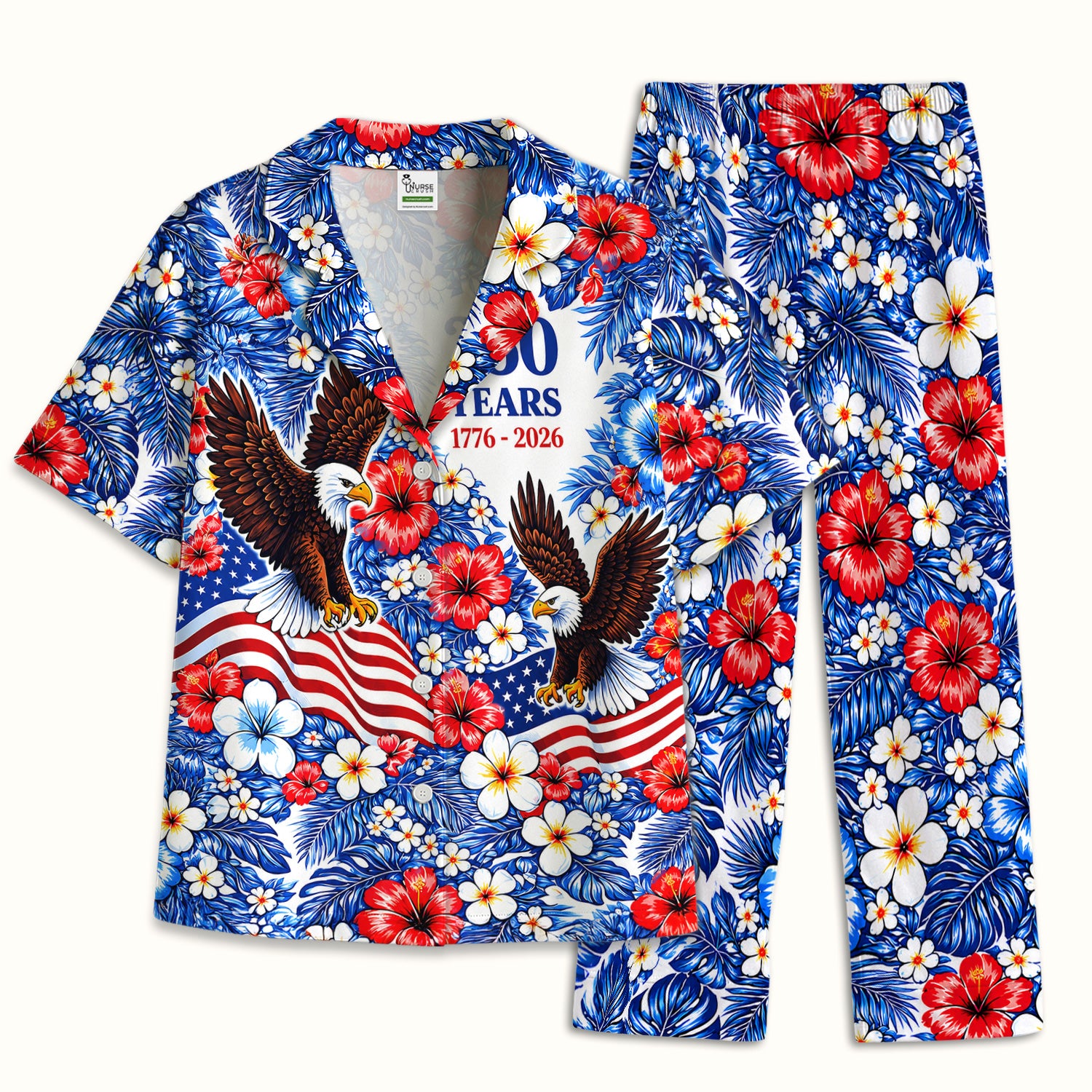 Patriotic Eagle Floral Pattern, America 250 Medical Pajama Set, Soft Breathable Fabric Comfortable Sleepwear