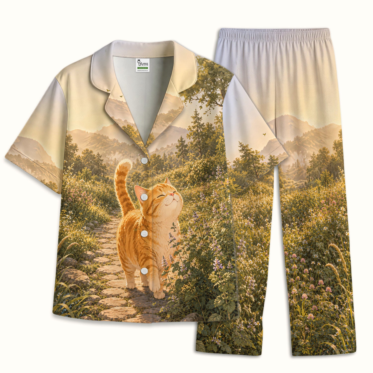 Sunny Mountain Cat Nurse, Nature Lover Medical Pajama Set, Soft Breathable Fabric Comfortable Sleepwear