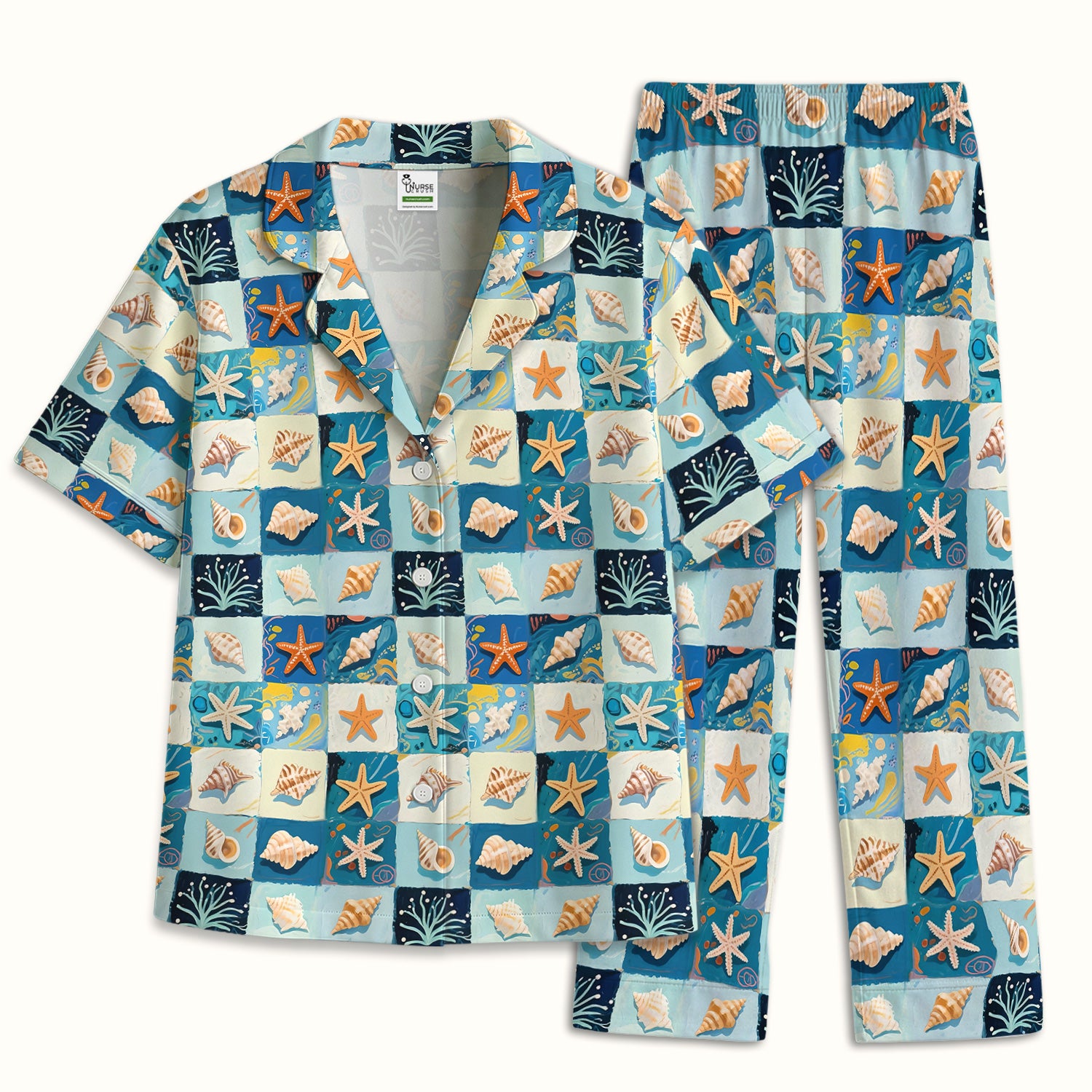 Cute Seashell Starfish Ocean Tile Pattern Pajama Set, Soft Breathable Fabric Comfortable Sleepwear