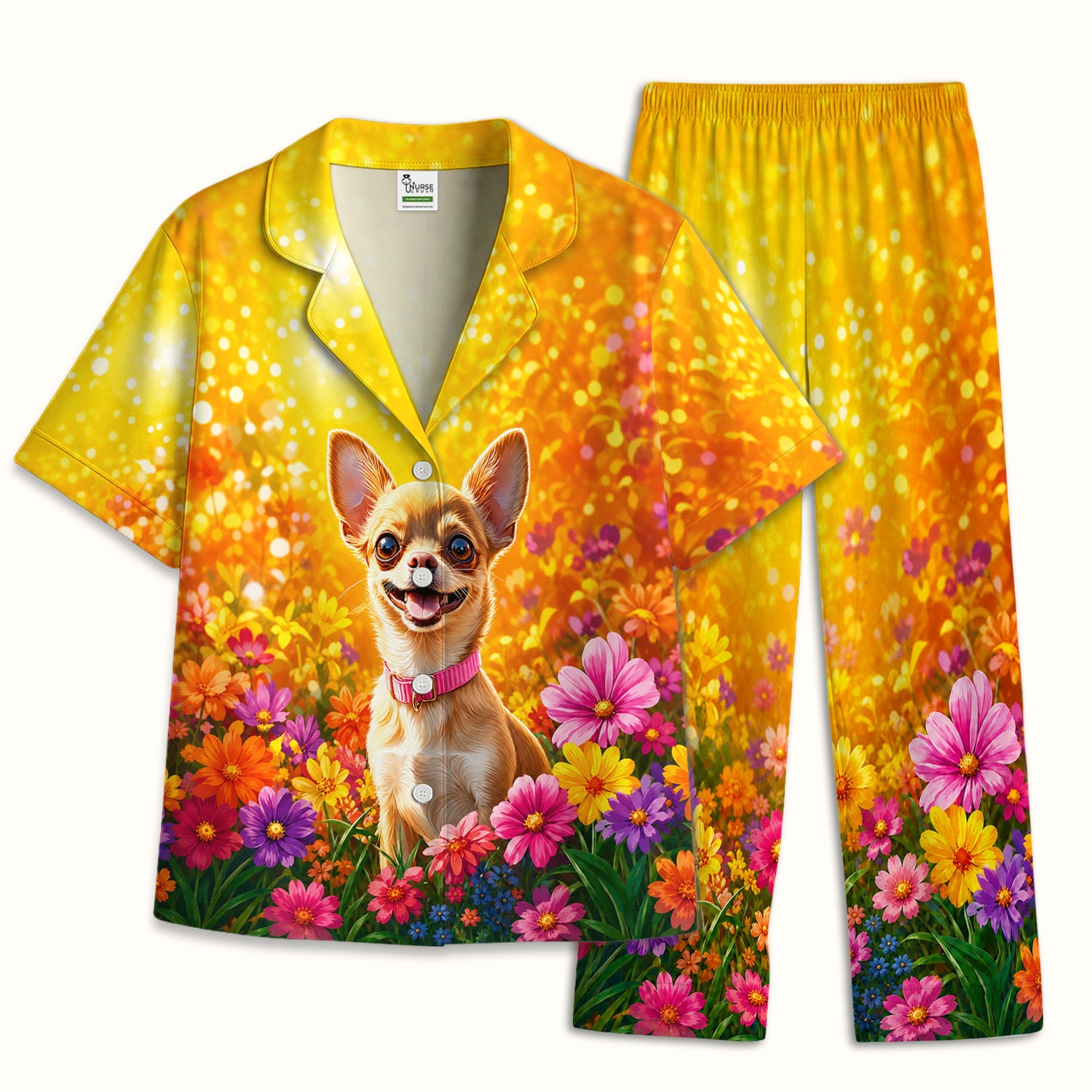 Cute Chihuahua Flower Meadow Pattern Pajama Set, Soft Breathable Fabric Comfortable Sleepwear
