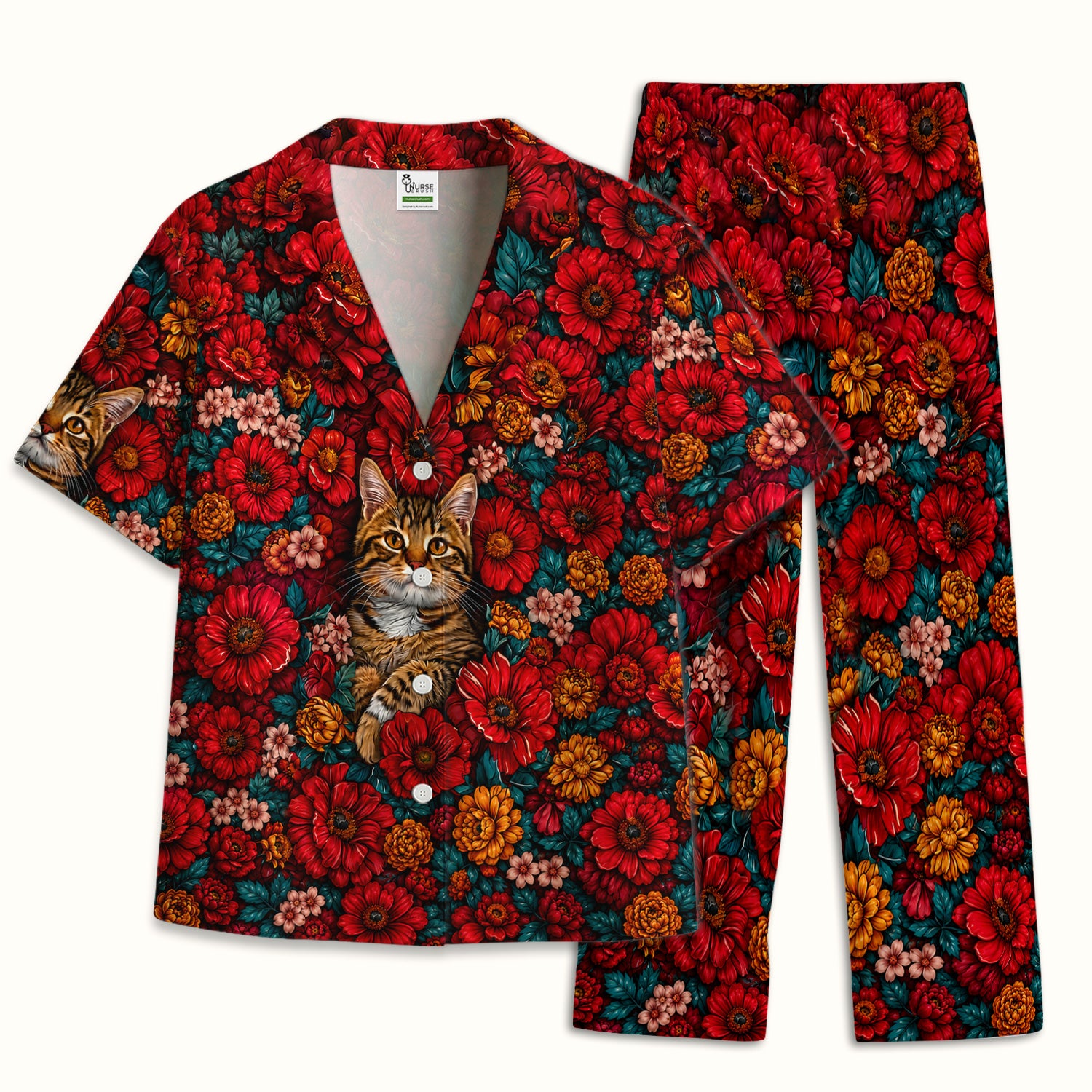 Adorable Tabby Cat Floral Garden Pattern Pajama Set, Soft Breathable Fabric Comfortable Sleepwear