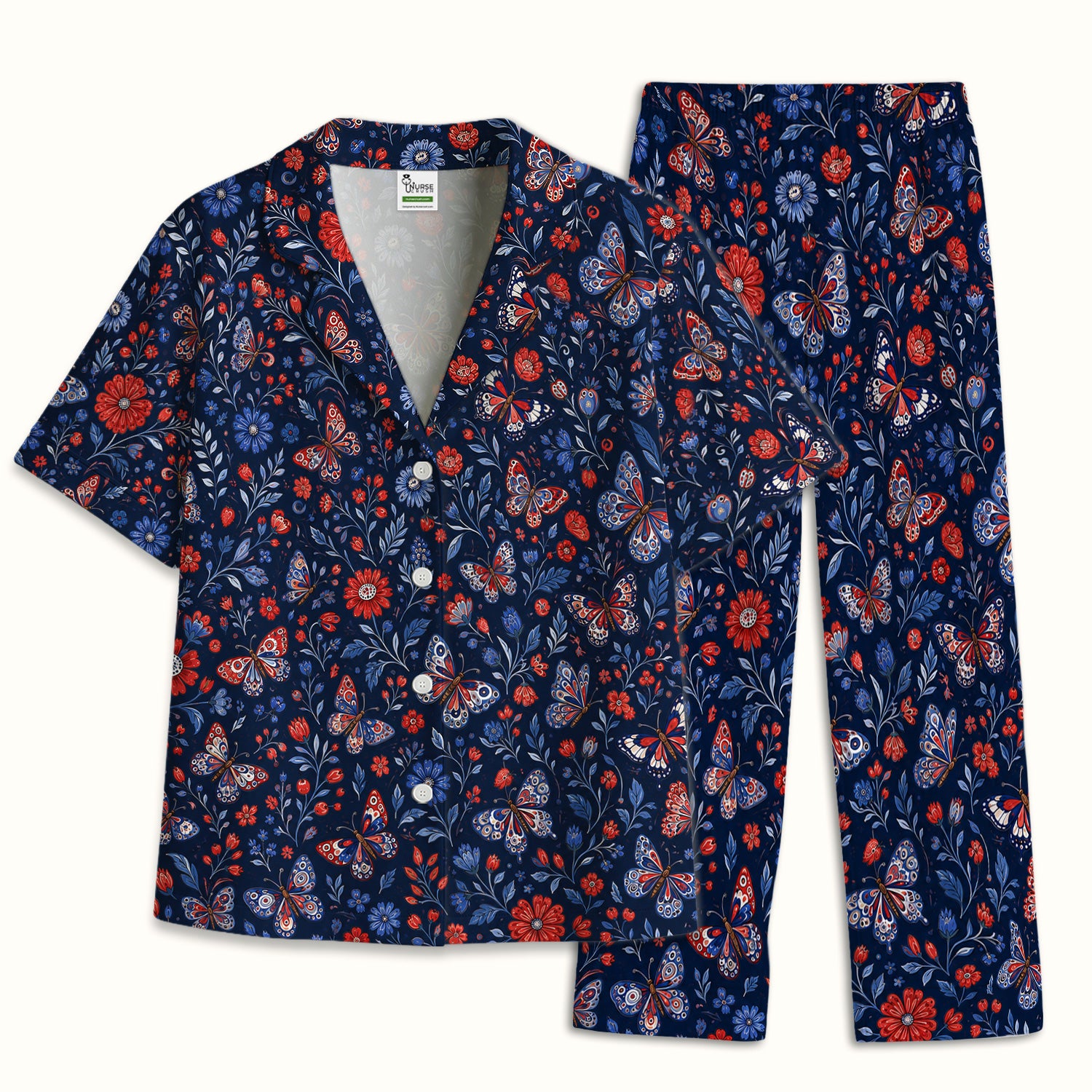 Patriotic Floral Butterfly Pattern Pajama Set, Soft Breathable Fabric Comfortable Sleepwear