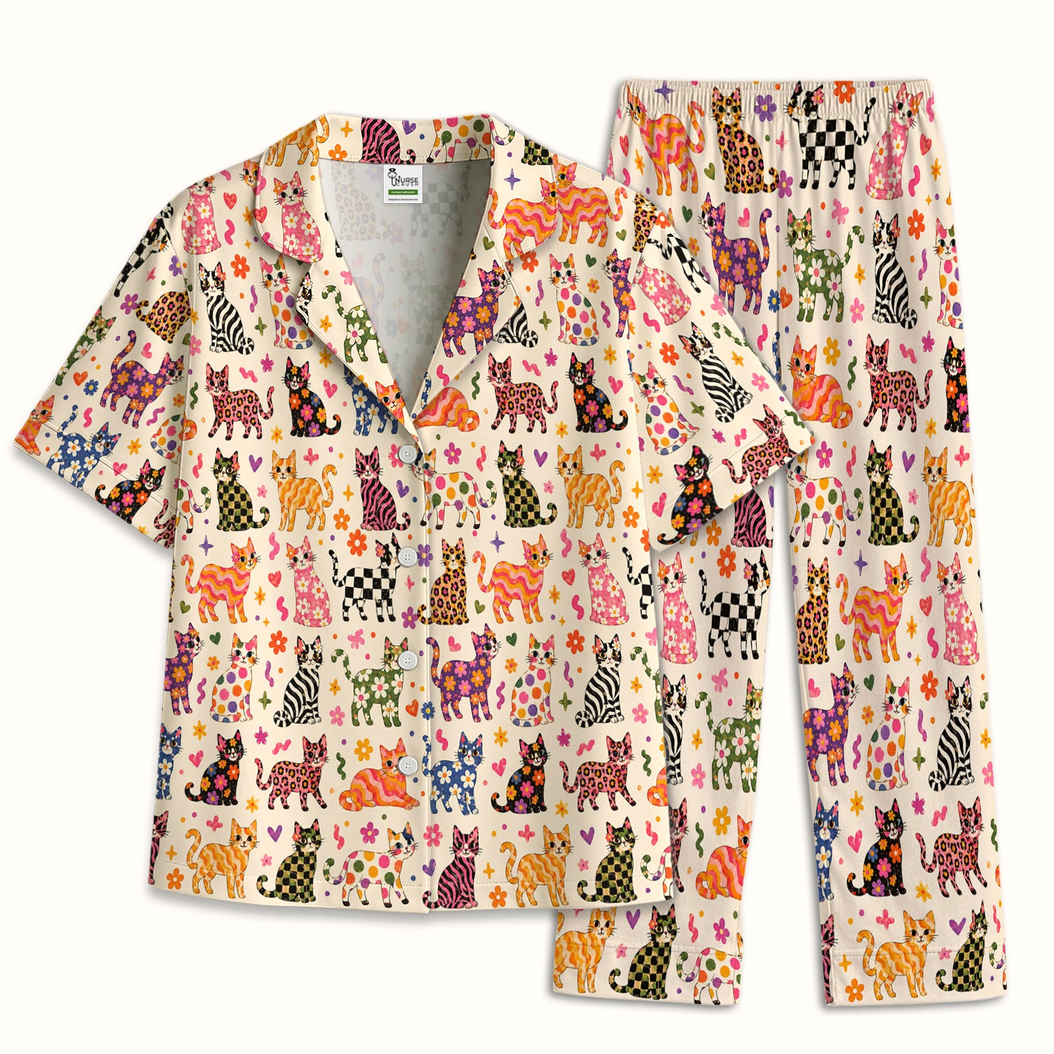 Colorful Cat with Floral Print Pajama Set, Soft Breathable Fabric Comfortable Sleepwear