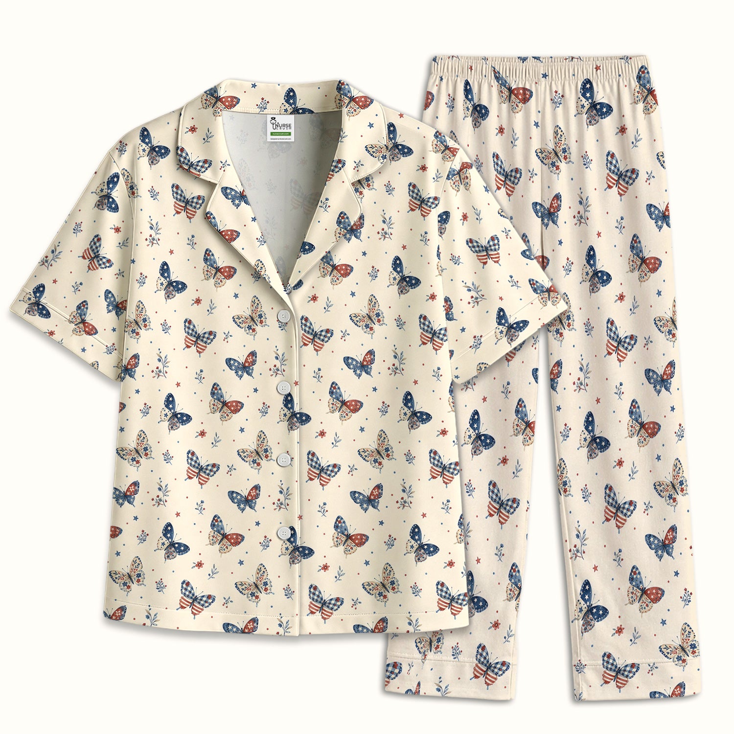Fourth Of July Butterfly Print Pajama Set, Soft Breathable Fabric Comfortable Sleepwear