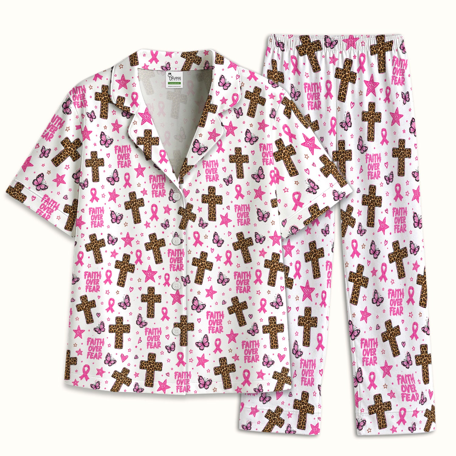 Faith Over Fear Breast Cancer Pajama Set, Soft Breathable Fabric Comfortable Sleepwear