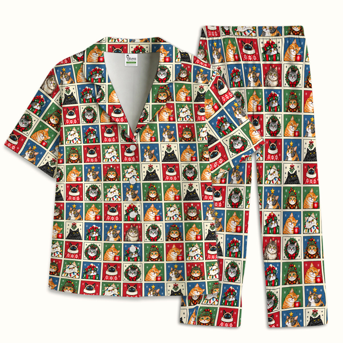 Cute Christmas Cat Patchwork Pajama Set, Soft Breathable Fabric Comfortable Sleepwear