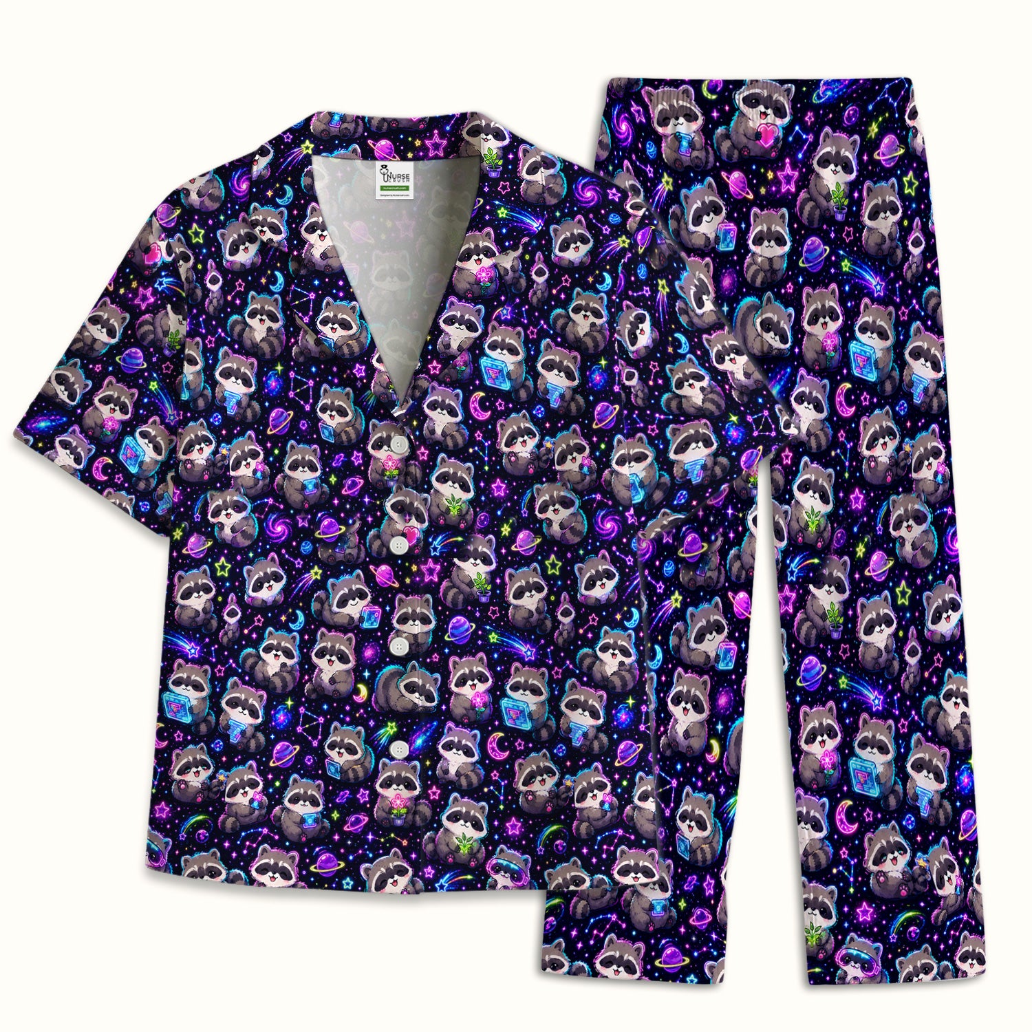 Neon Galaxy Raccoon Space Pattern Pajama Set, Soft Breathable Fabric Comfortable Sleepwear
