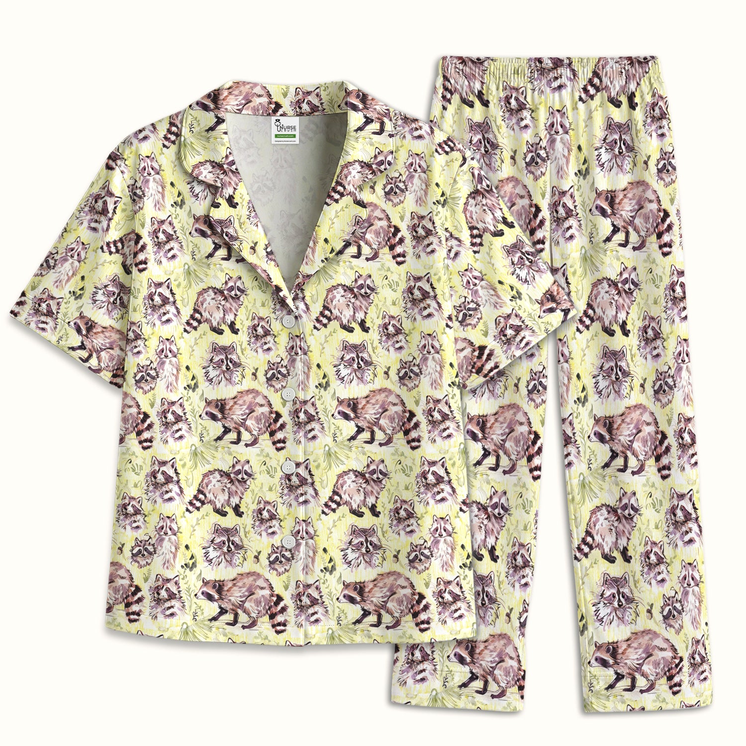 Cute Woodland Raccoon Forest Animal Pattern Pajama Set, Soft Breathable Fabric Comfortable Sleepwear