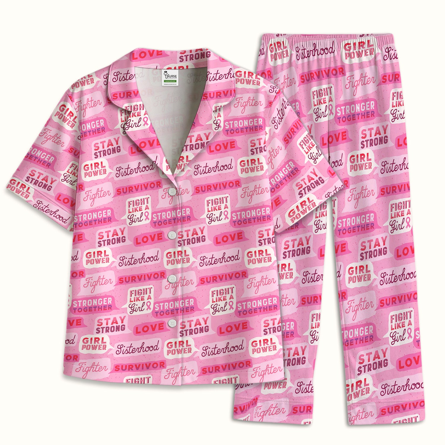 Pink Ribbon Quotes Pajama Set, Soft Breathable Fabric Comfortable Sleepwear