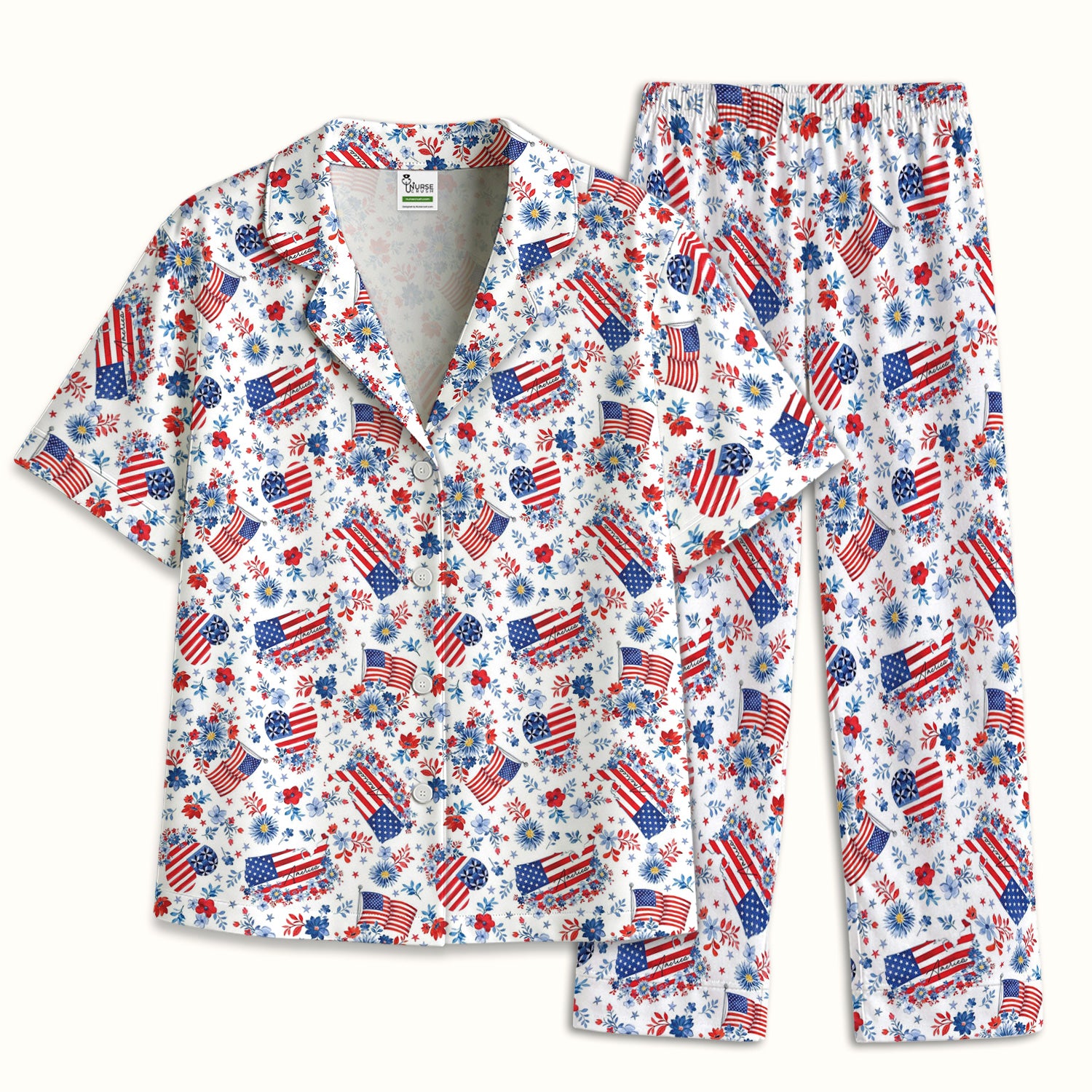 Festive American Flag Heart Floral Pattern Pajama Set, Soft Breathable Fabric Comfortable Sleepwear