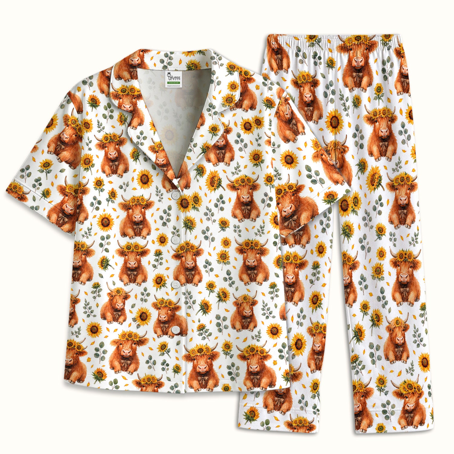 Rustic Highland Cow Floral Pattern Pajama Set, Soft Breathable Fabric Comfortable Sleepwear