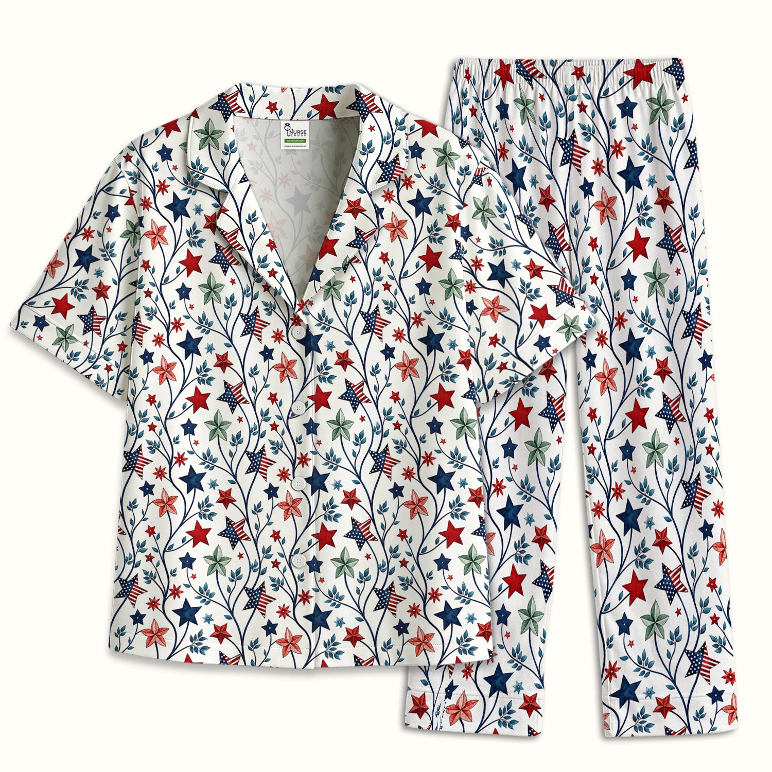 Patriotic Star Vine Floral Print Pajama Set, Soft Breathable Fabric Comfortable Sleepwear