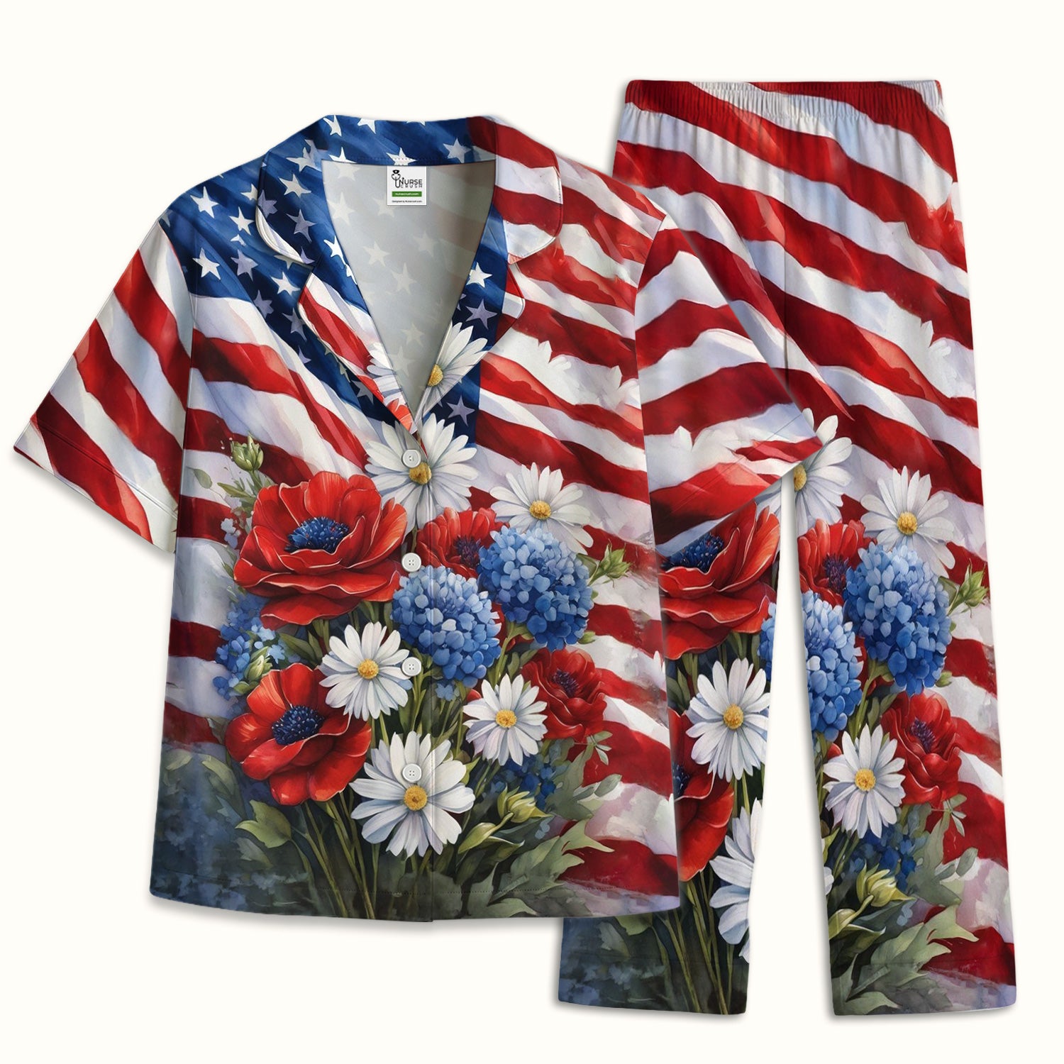 Festive US Flag Floral Bouquet Pattern Pajama Set, Soft Breathable Fabric Comfortable Sleepwear