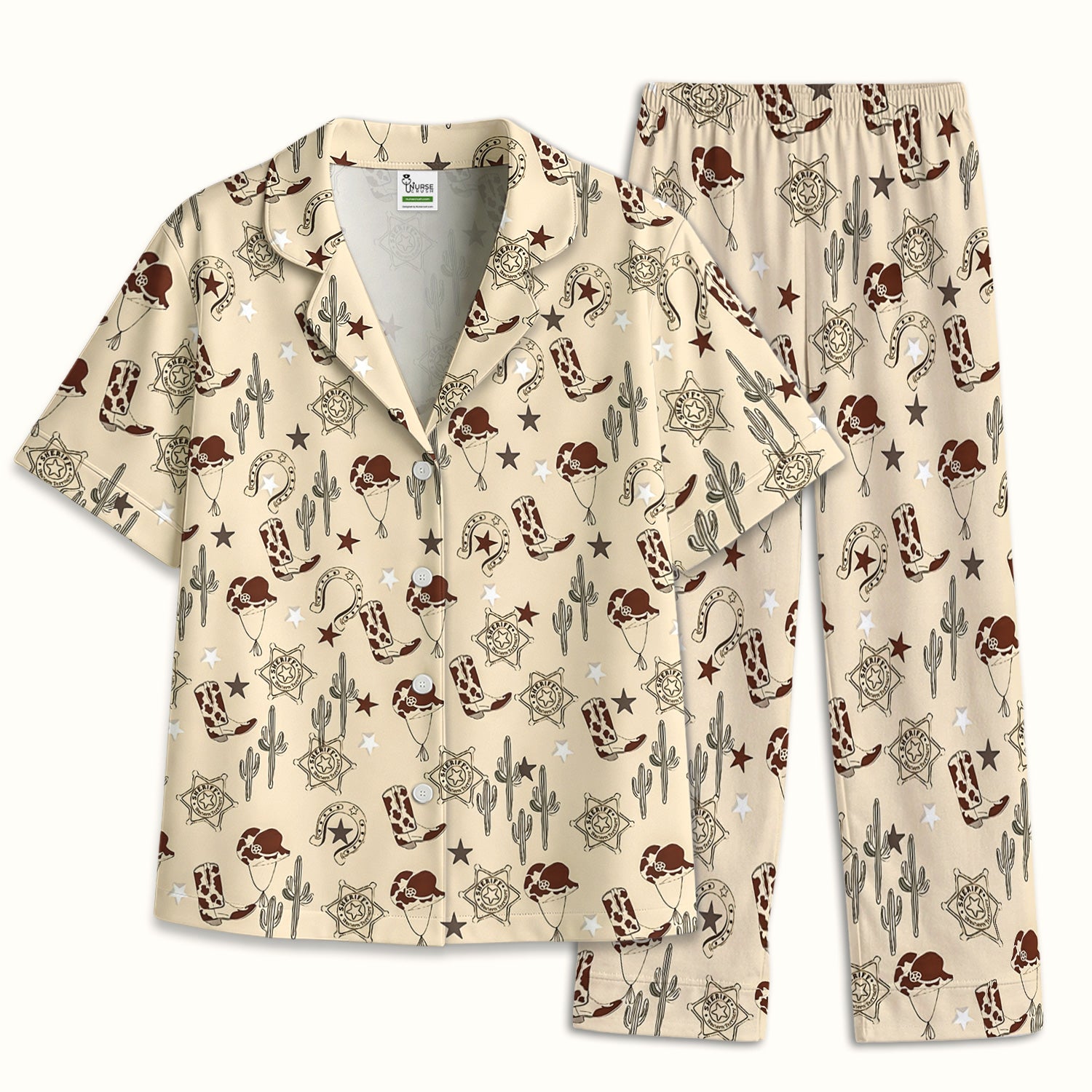 Funny Cowboy Hats & Boots Pattern Pajama Set, Soft Breathable Fabric Comfortable Sleepwear