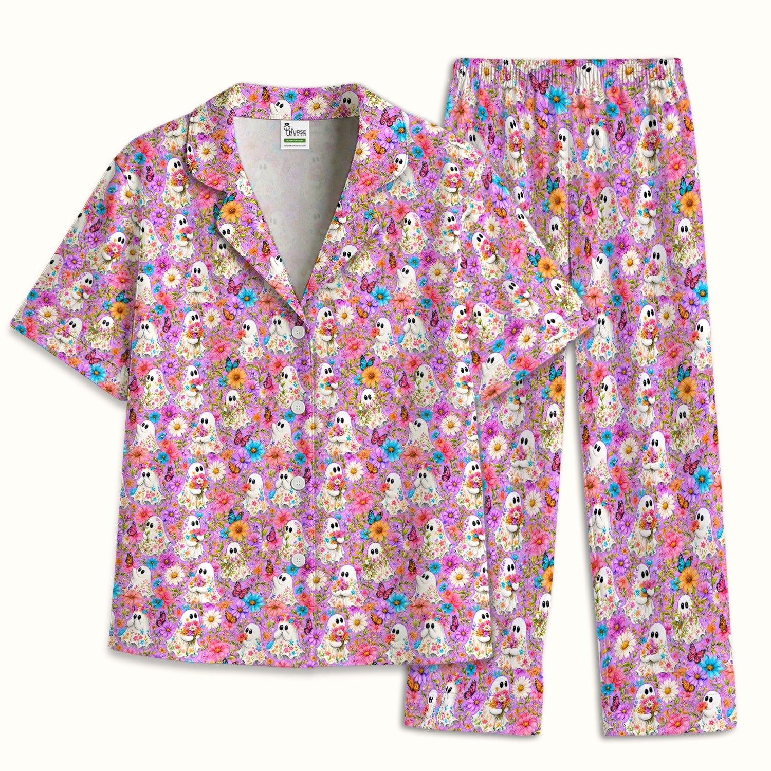 Cute Halloween Floral Ghosts And Butterflies Pajama Set, Soft Breathable Fabric Comfortable Sleepwear