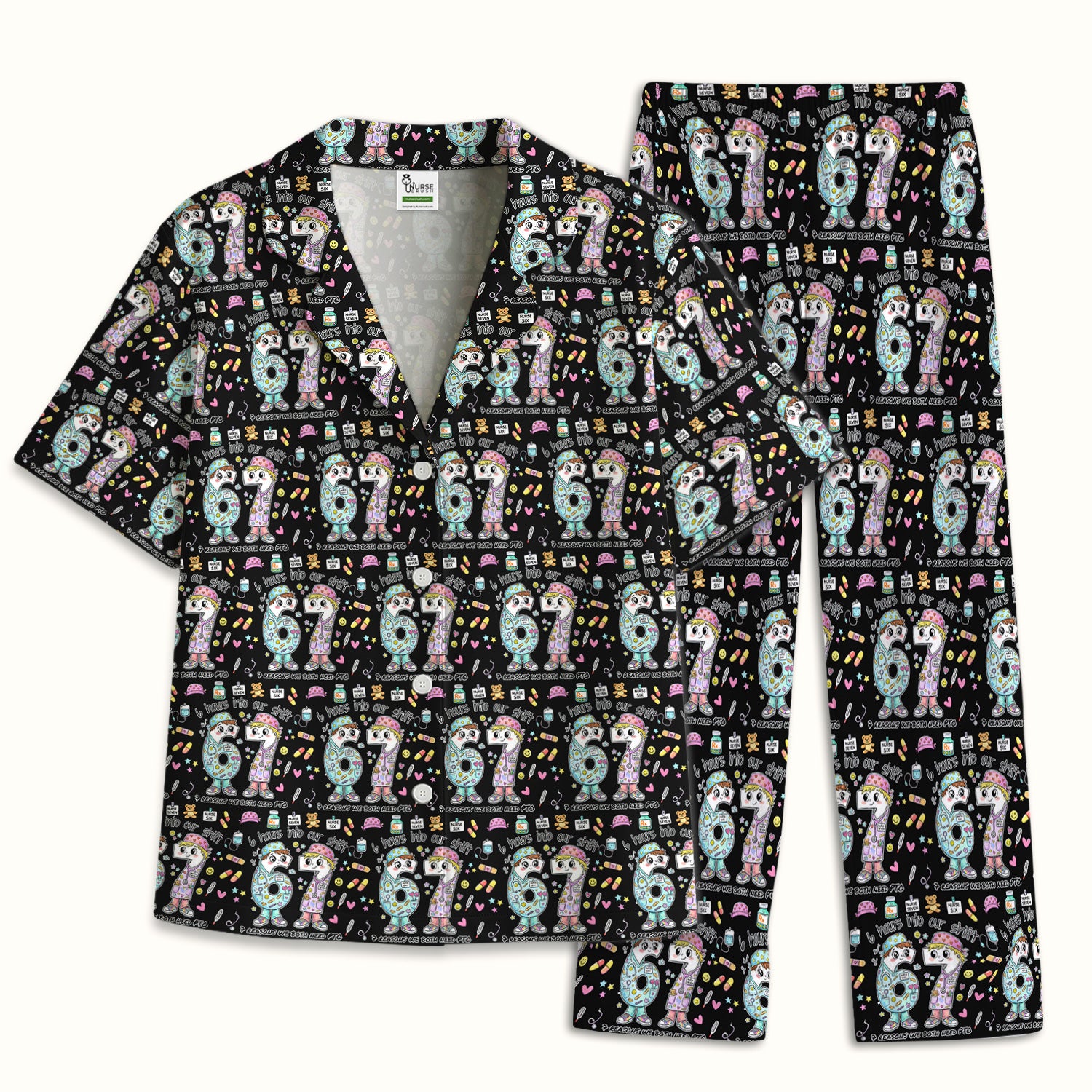 Cartoon Characters Six Hours Into Shift With Medical Doodle Pajama Set, Breathable Fabrics Uniform