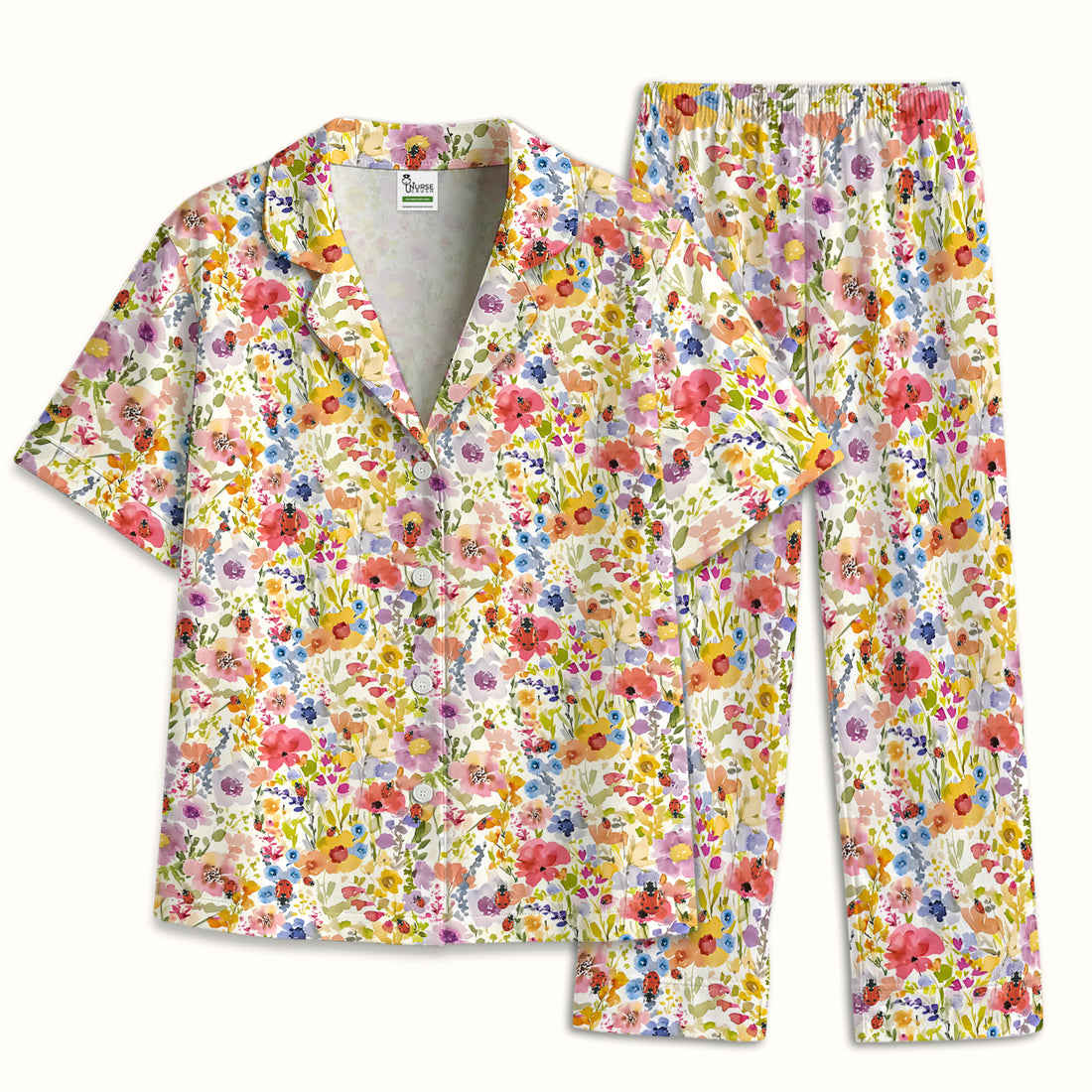 Cute Wildflower Ladybug Garden Pattern Pajama Set, Soft Breathable Fabric Comfortable Sleepwear