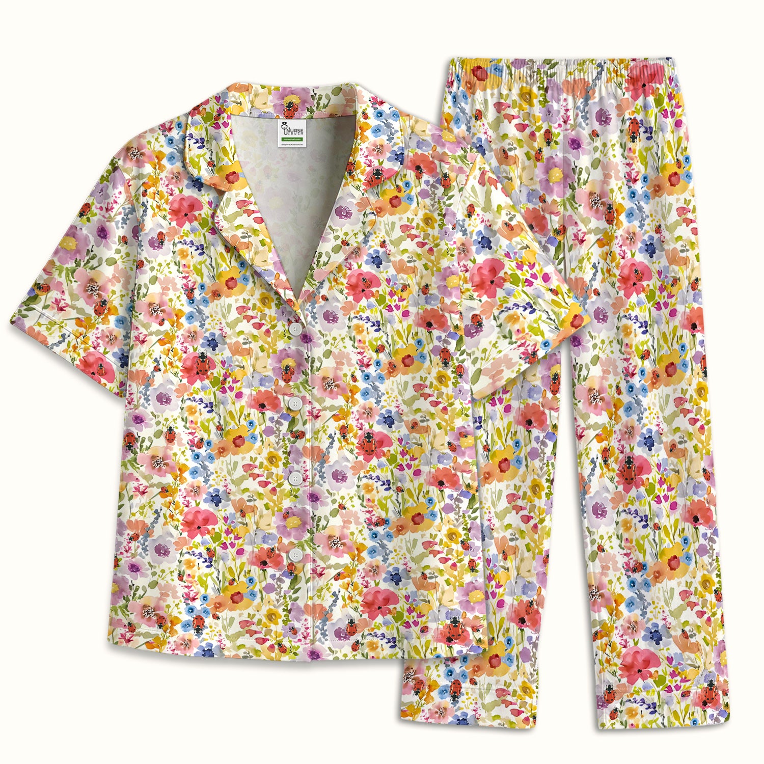 Cute Wildflower Ladybug Garden Pattern Pajama Set, Soft Breathable Fabric Comfortable Sleepwear