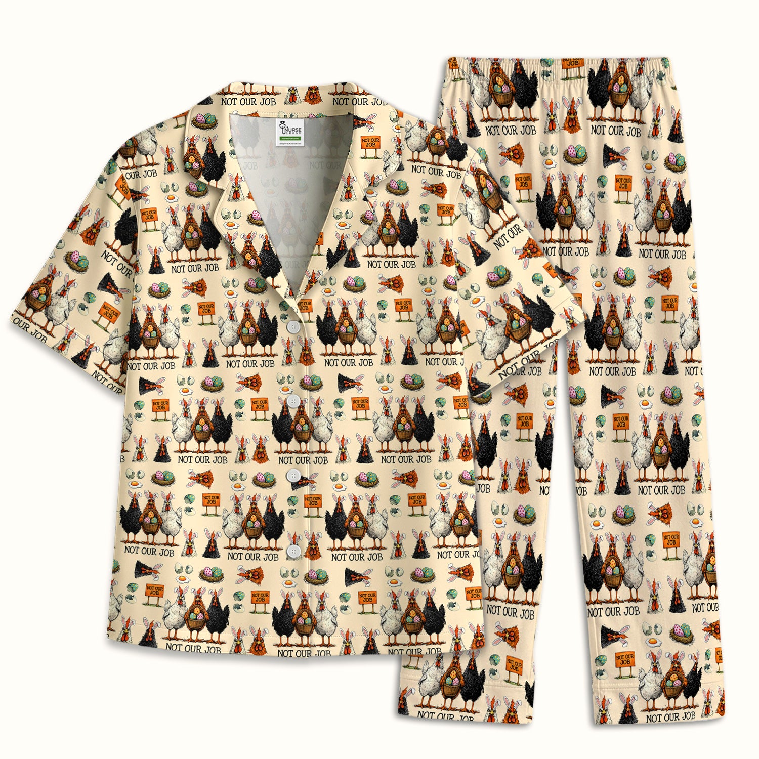 Funny Easter Chicken Humor Pattern Pajama Set, Breathable Fabrics Uniform