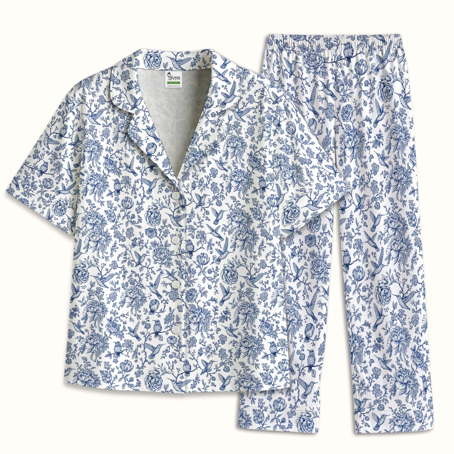 Blue Toile Hummingbird Floral Pattern Pajama Set, Soft Breathable Fabric Comfortable Sleepwear
