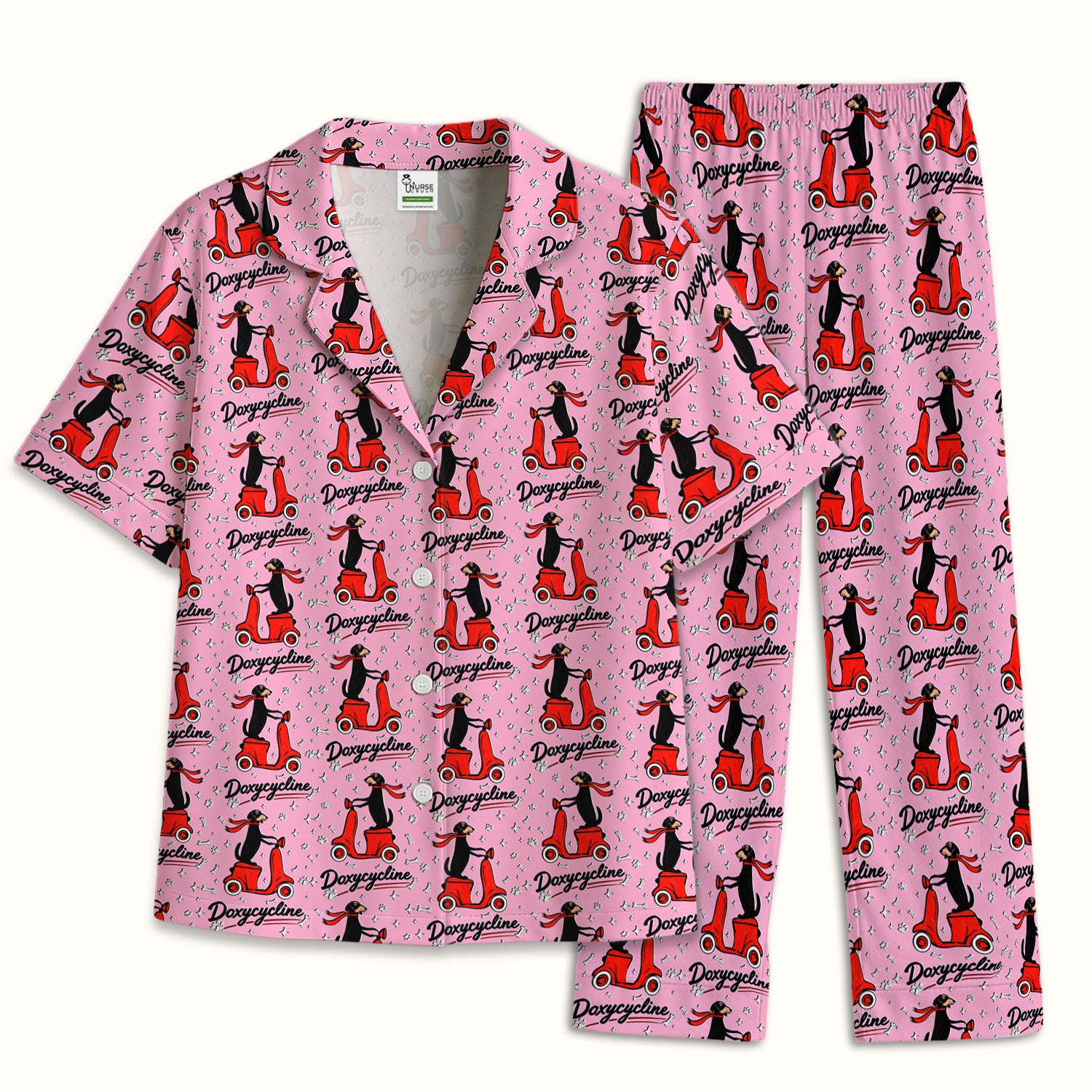Funny Dachshund Riding Scooter Doxycycline Print Pajama Set, Breathable Fabrics Uniform