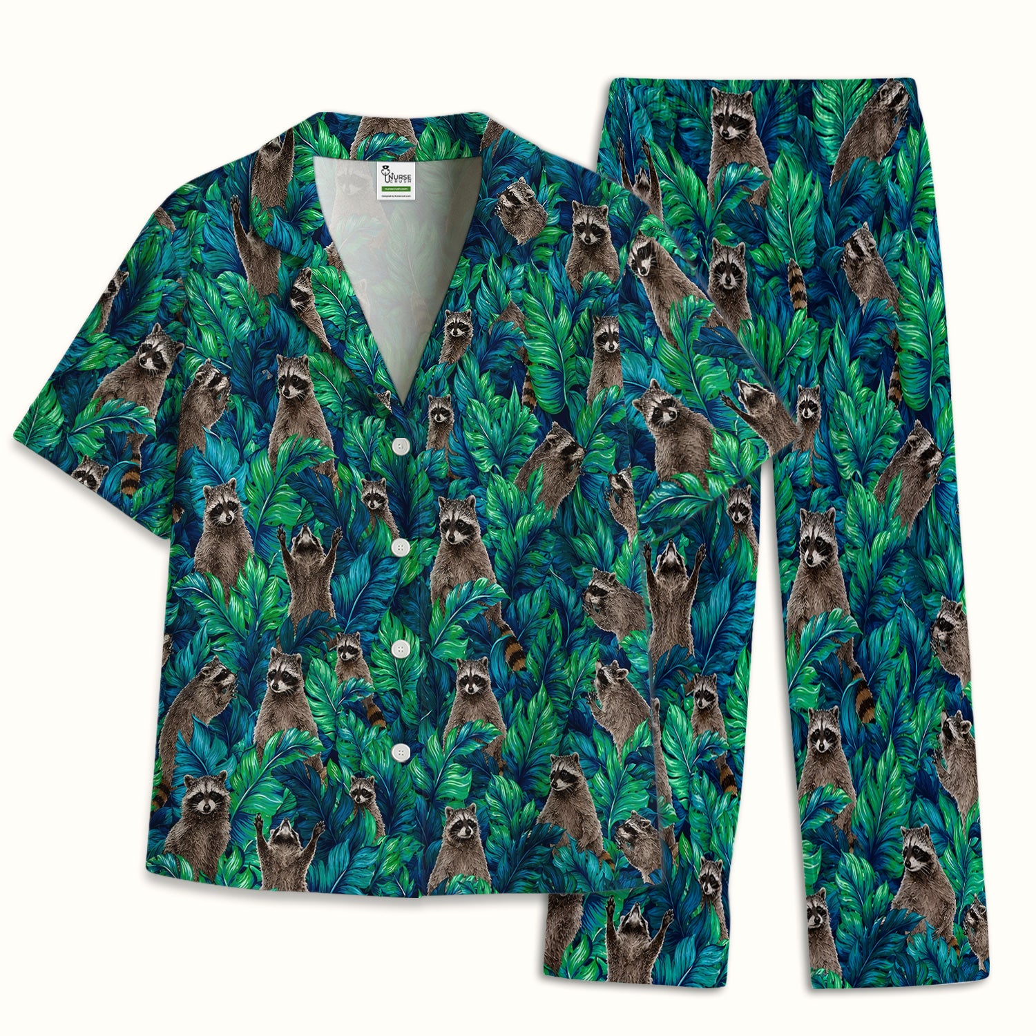 Tropical Raccoon Jungle Leaves Pattern Pajama Set, Soft Breathable Fabric Comfortable Sleepwear