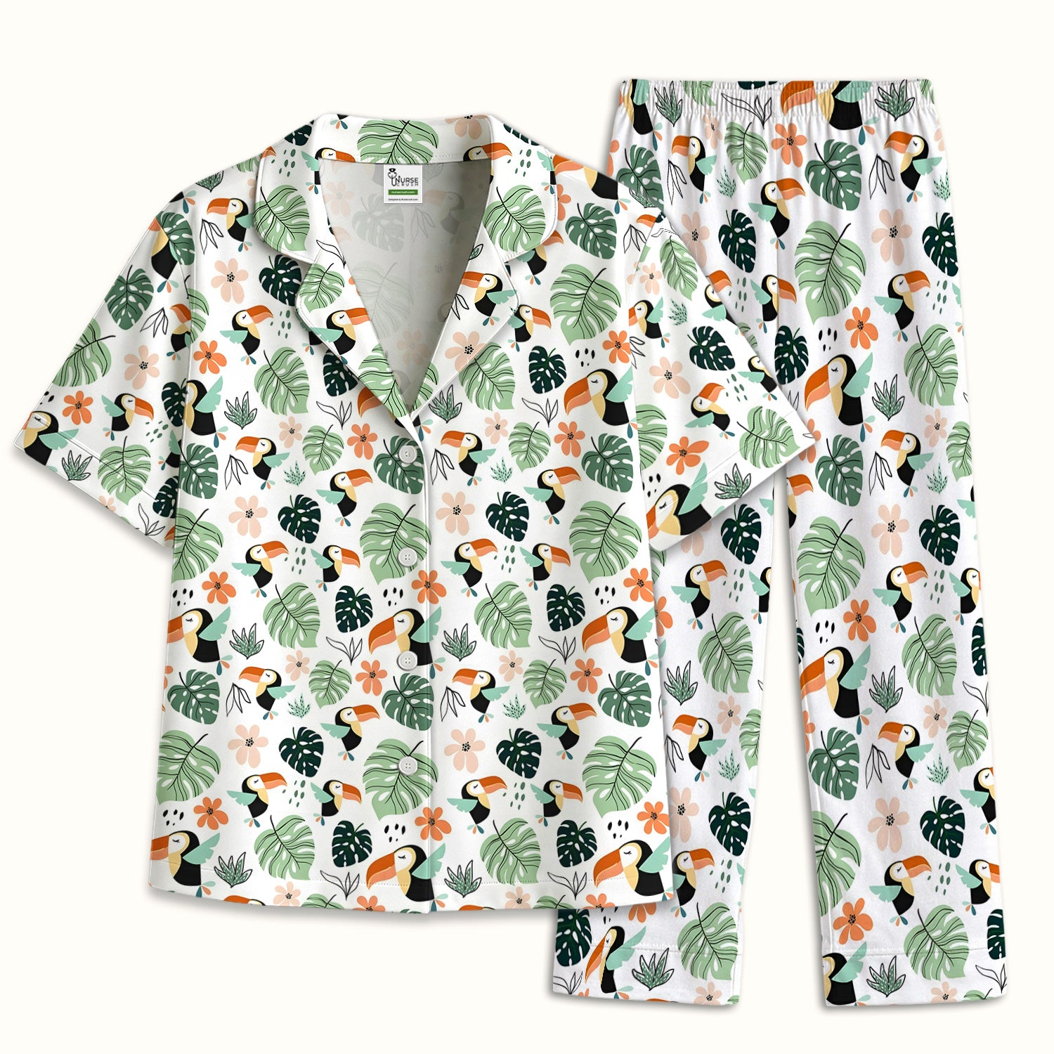 Tropical Toucan Leaf Floral Pattern Pajama Set, Soft Breathable Fabric Comfortable Sleepwear