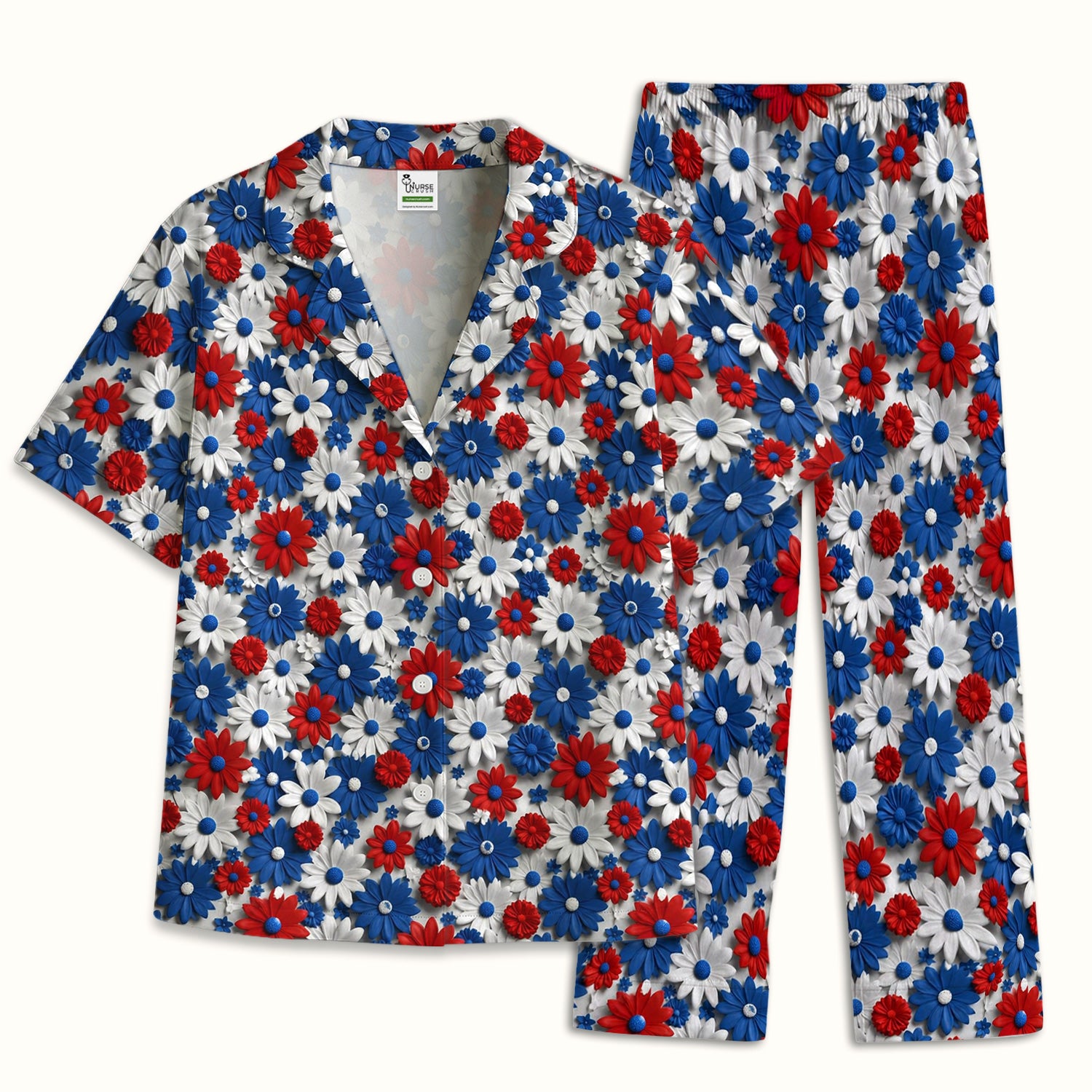 Patriotic Red Blue Daisy Floral Pattern Pajama Set, Soft Breathable Fabric Comfortable Sleepwear