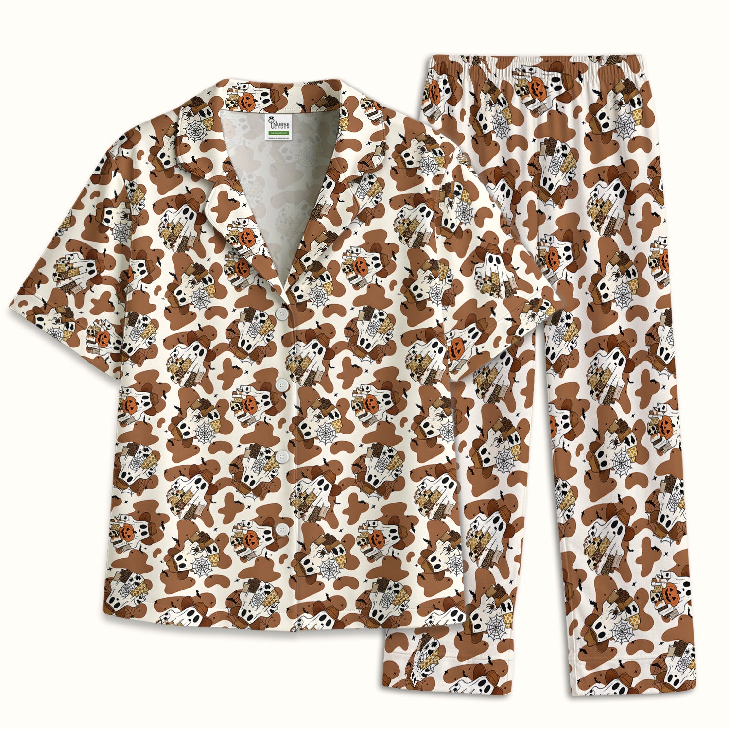 Halloween Cow Ghost Print Pajama Set, Soft Breathable Fabric Comfortable Sleepwear
